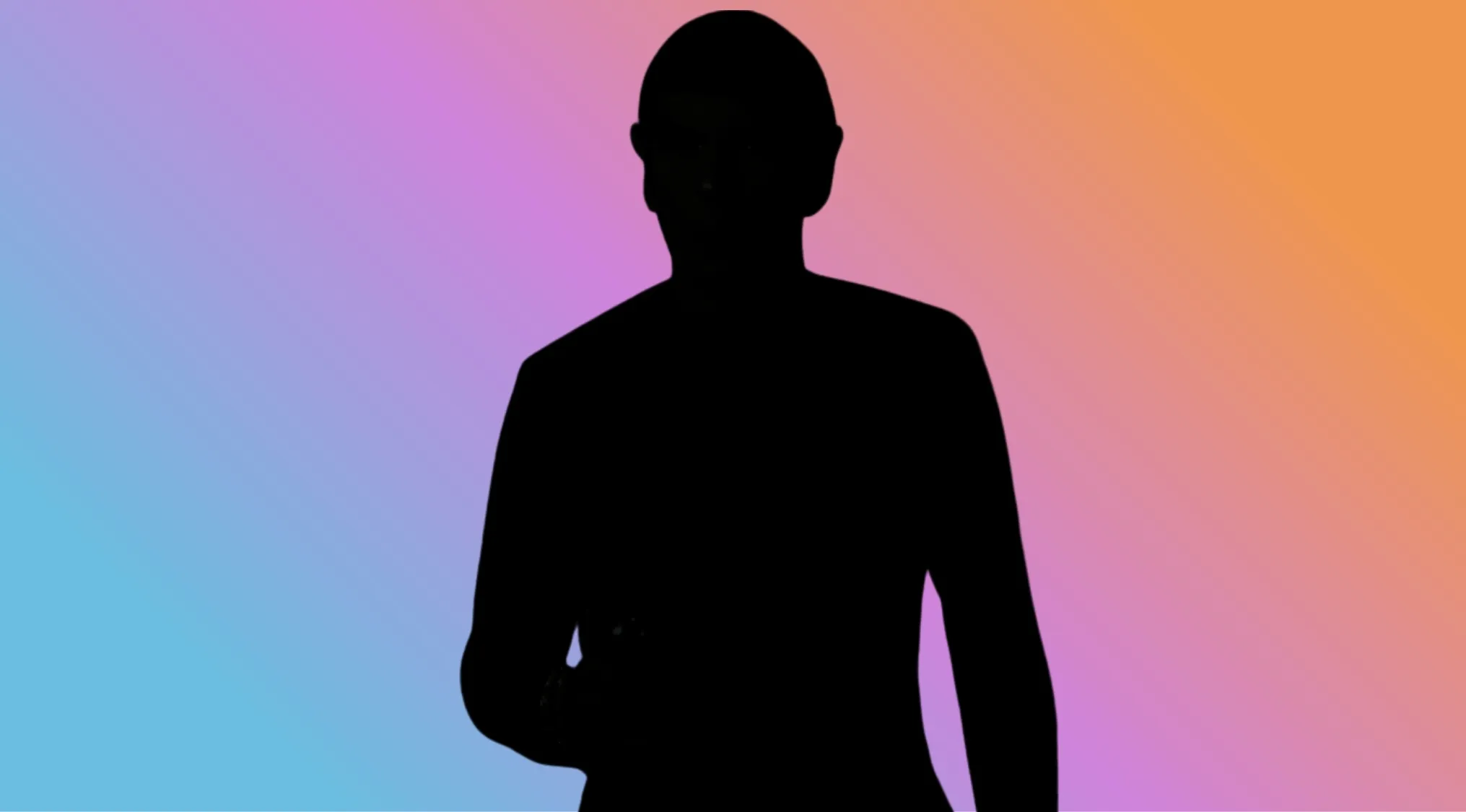 A black character silhouette of a person in a suit against a vibrant blue, purple, and orange gradient background. Name this character.