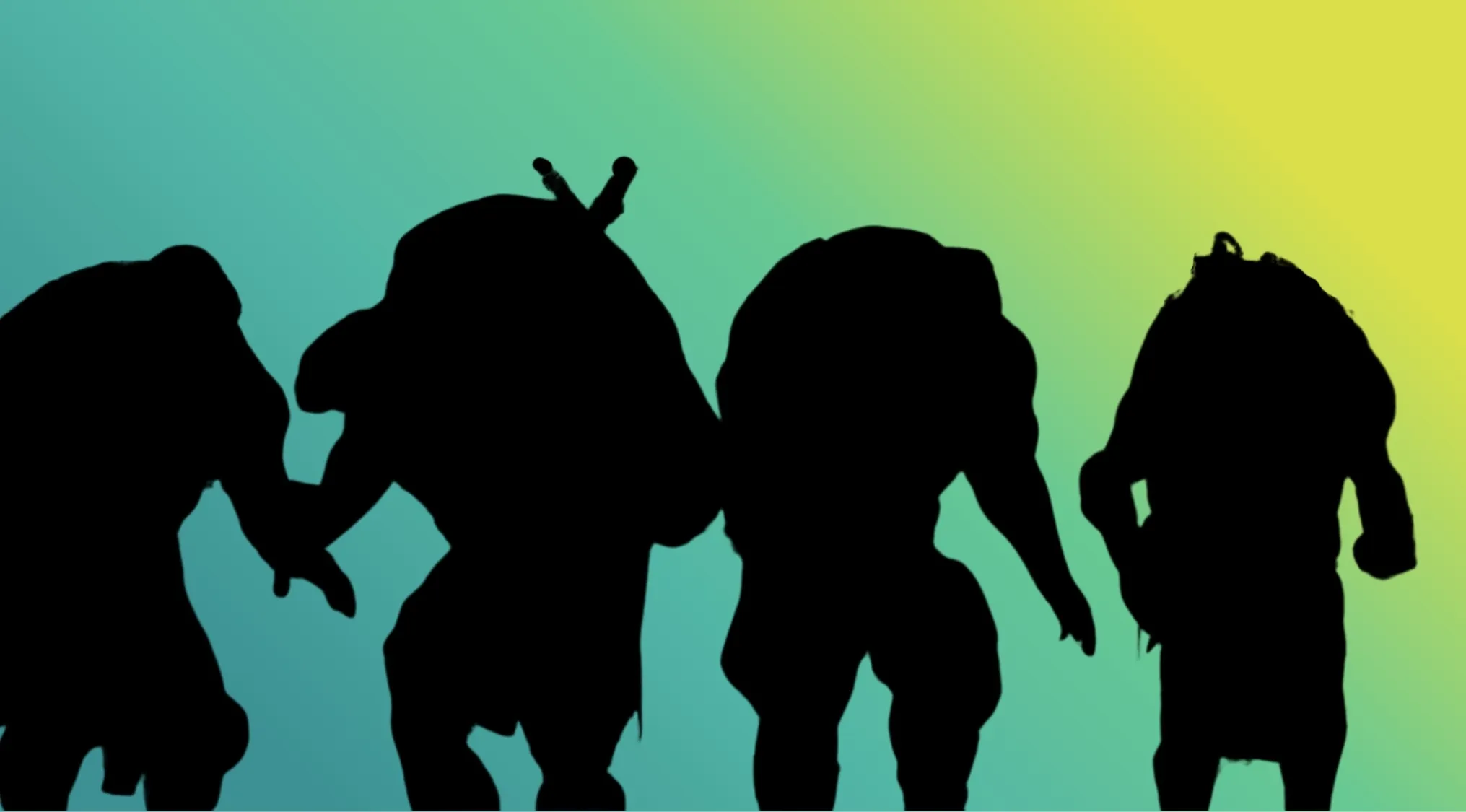 Four dark character silhouettes against a blue and yellow gradient background, inviting viewers to guess the group.