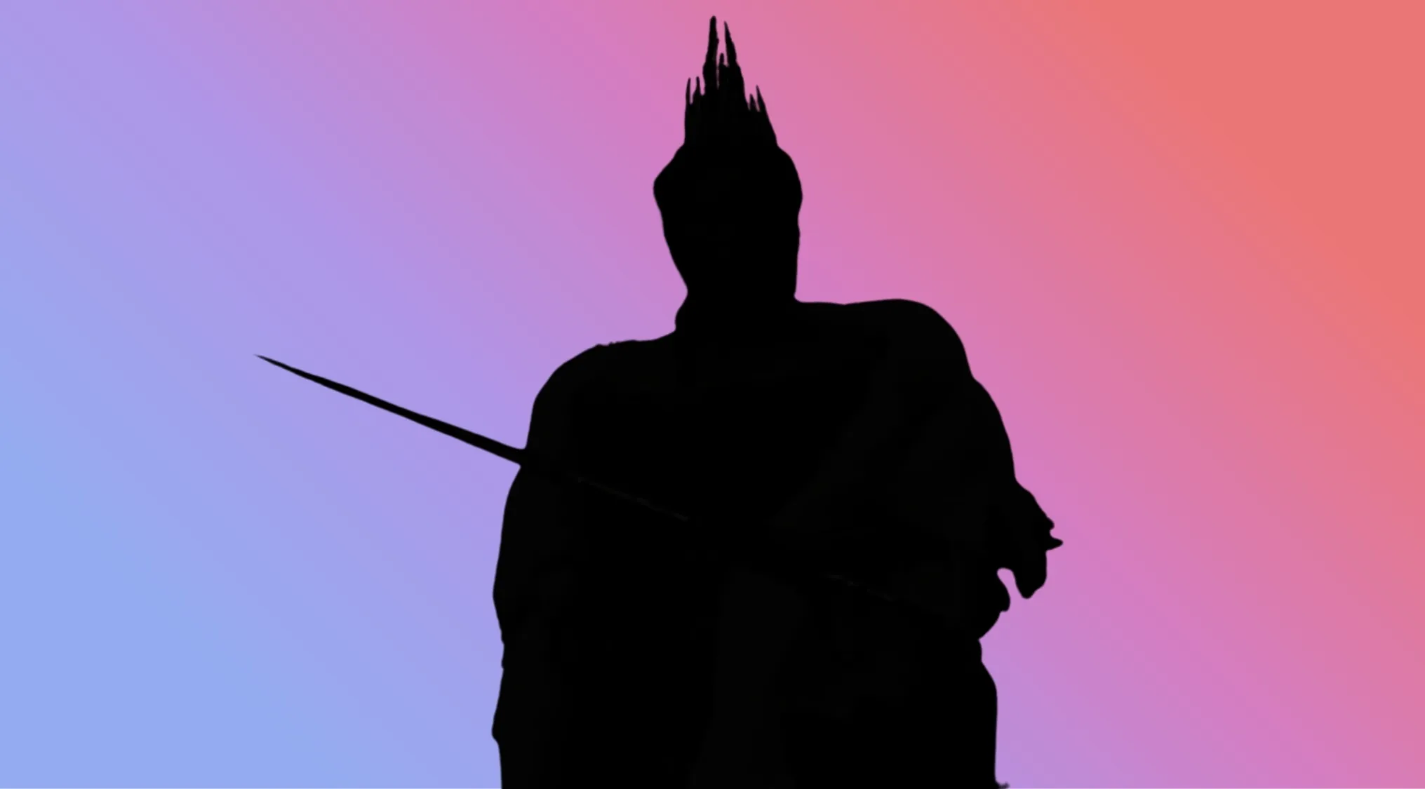 A character silhouette of a villain with a pointed sword, standing against a pink and blue gradient background.