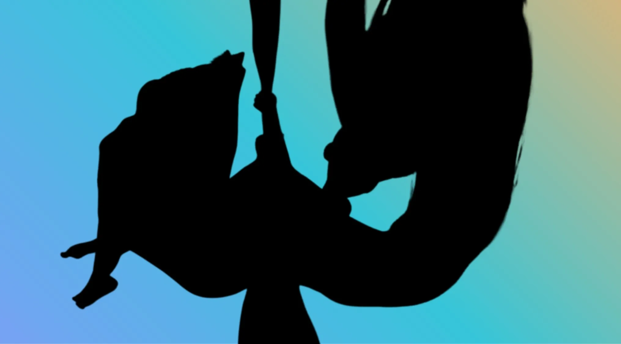 A Character Silhouette of a Disney princess with long hair, possibly Rapunzel, hanging upside down against a blue to green gradient.