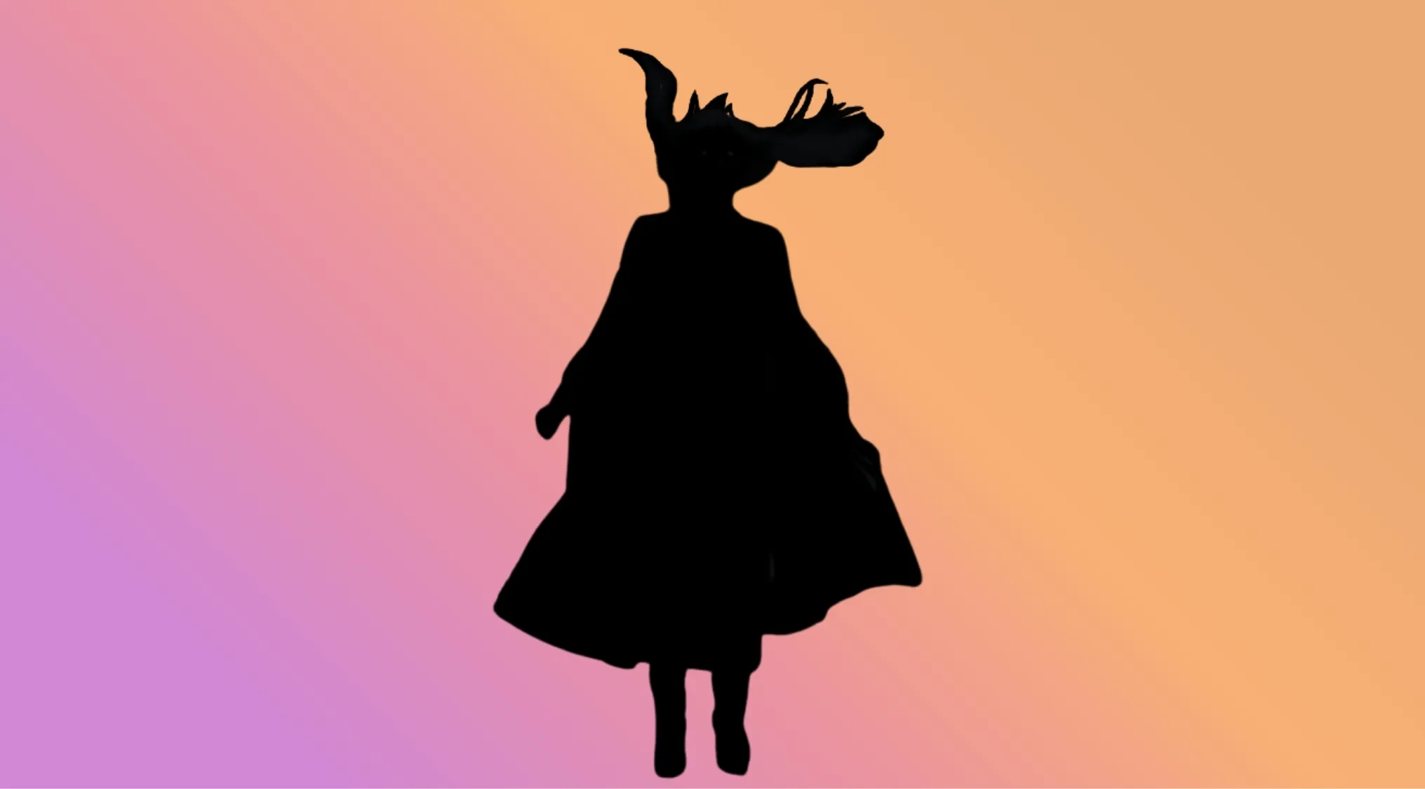 A black character silhouette with flowing hair and a cape against a pink and orange gradient background. Which X-Men character is this?