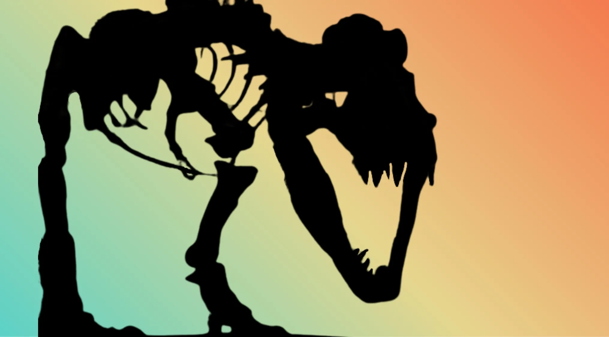 A silhouette of a dinosaur skeleton with an open mouth, a playful character, against a teal to orange gradient. Character silhouettes.