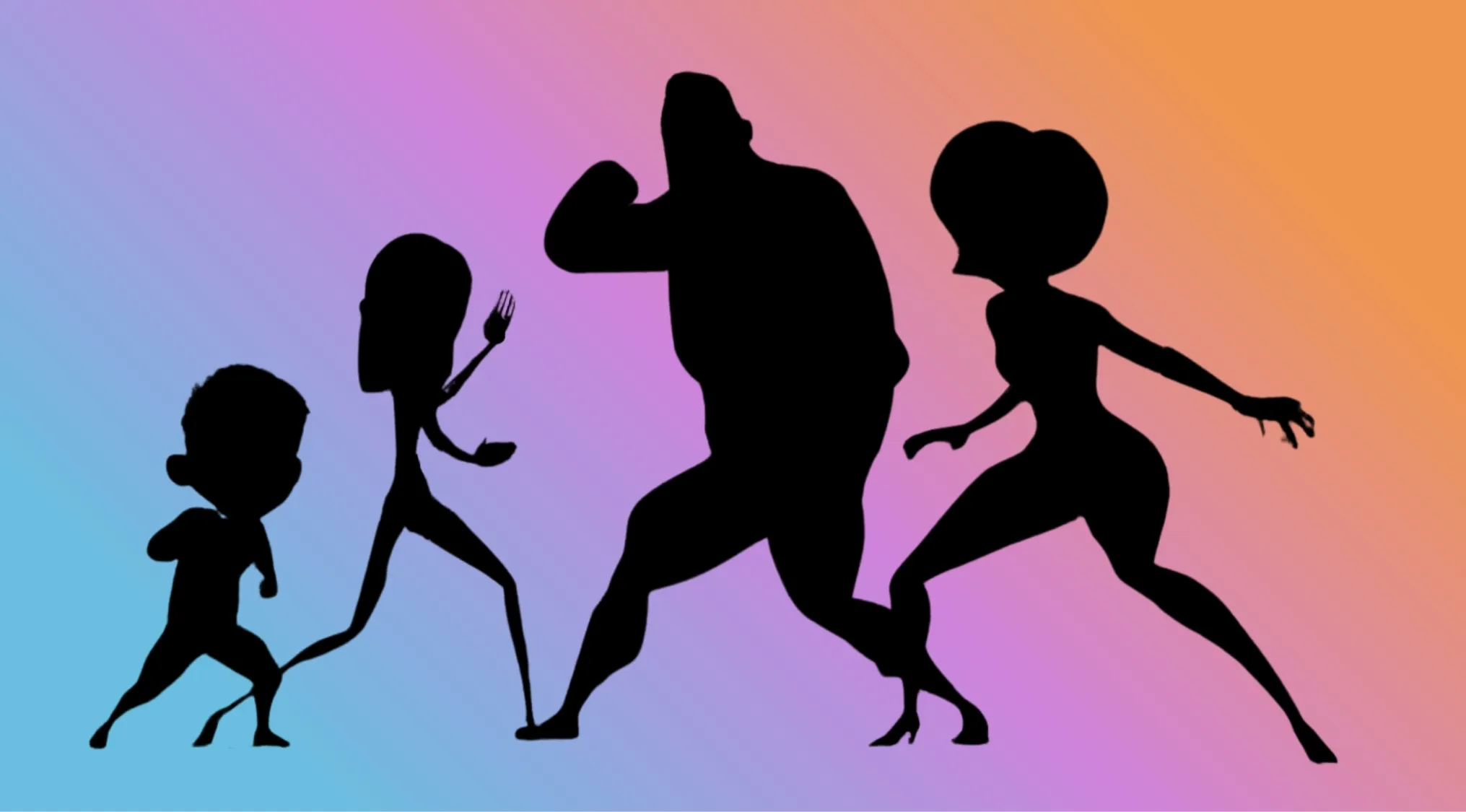 Four character silhouettes, a family of superheroes, posing dynamically on a vibrant gradient background.
