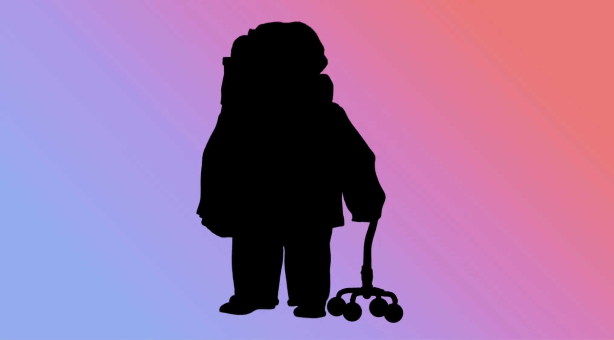 A black character silhouette of an elderly person with a cane on a blue-pink gradient background, from an animated film.