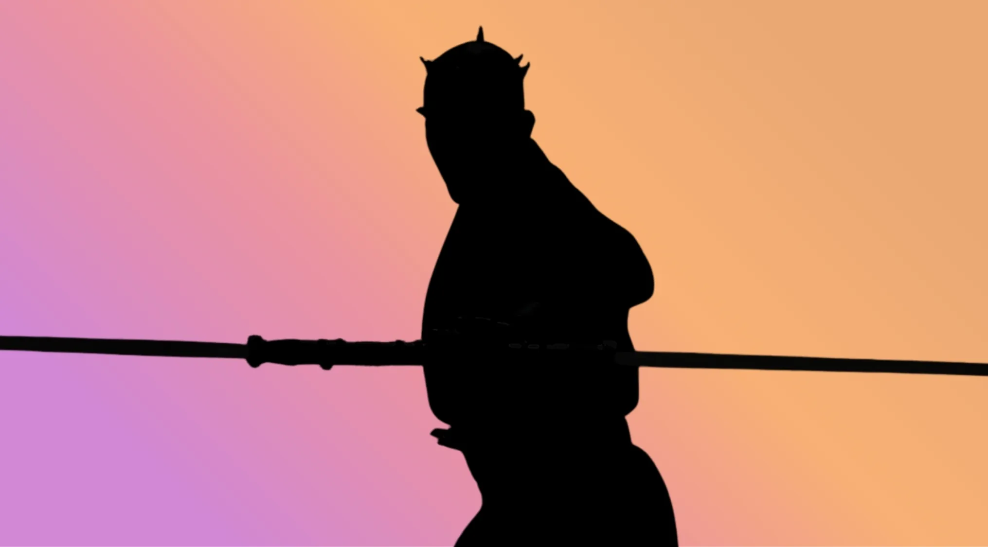 A silhouette of a Star Wars character, possibly Darth Maul, holding a staff against a vibrant gradient background.