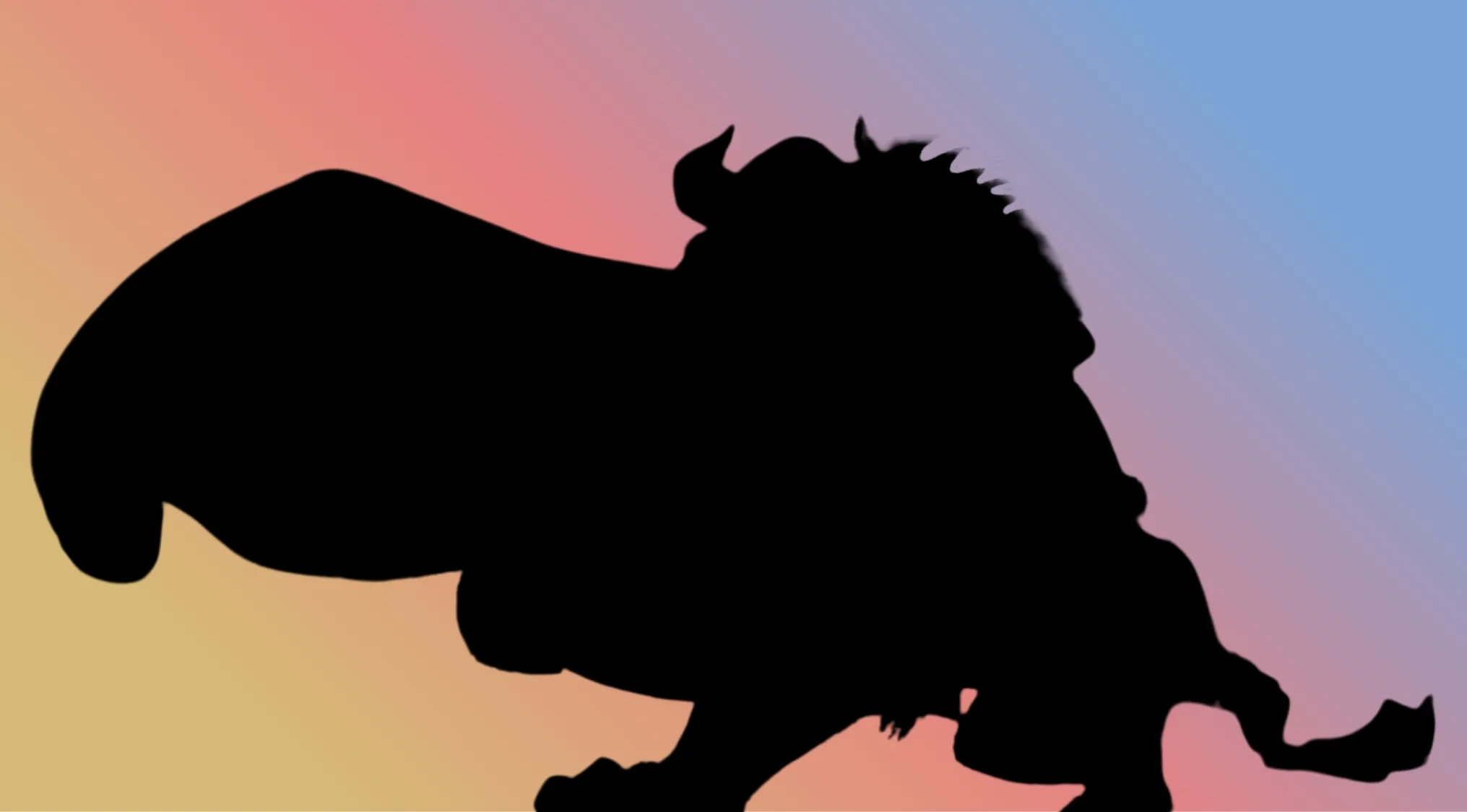 A character silhouette of a fierce-looking creature against a gradient background, posing the question, Who is hiding behind this silhouette?