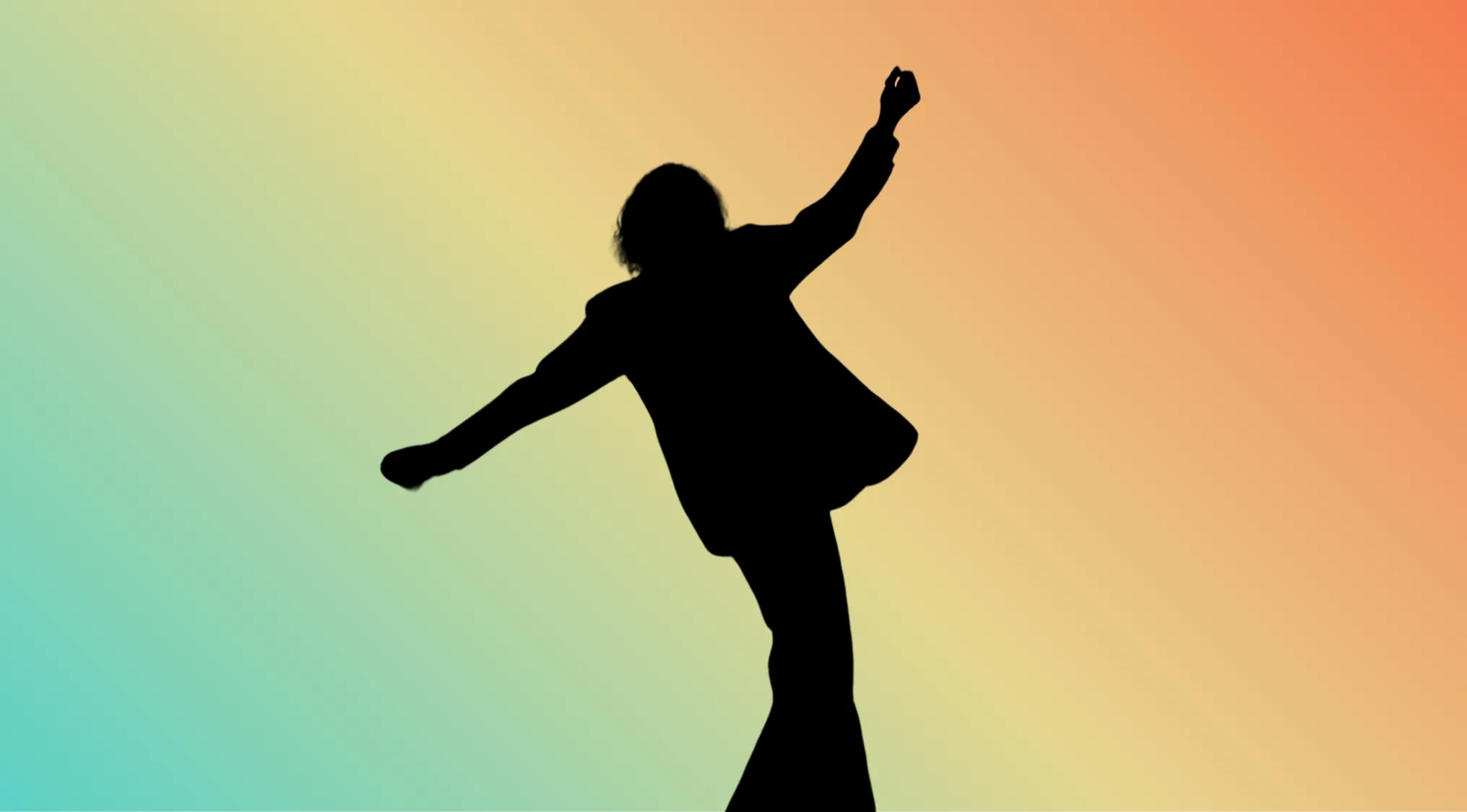 Character silhouettes: A male silhouette, arms raised, dancing against a colorful gradient background from green to orange.