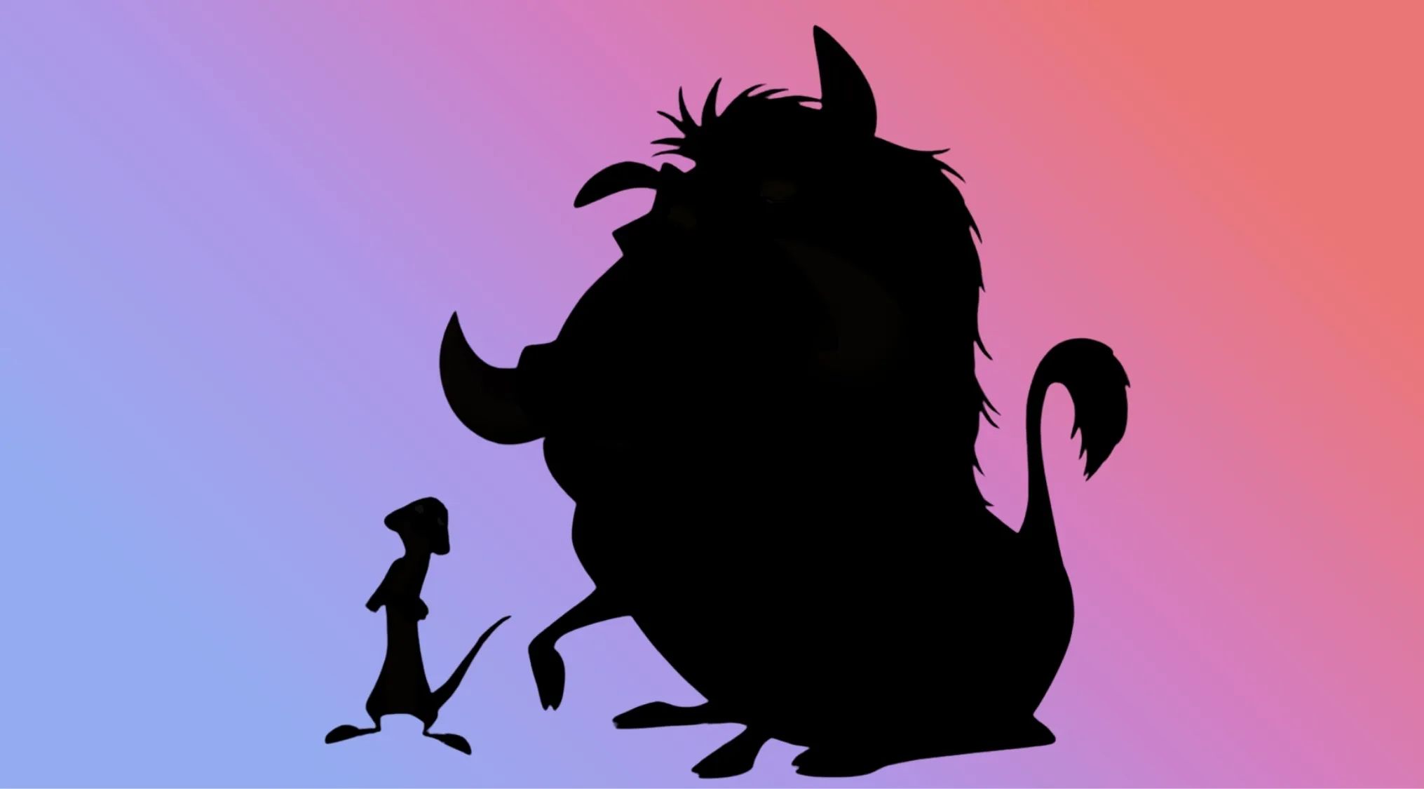 Character Silhouettes of a meerkat and a warthog against a purple-pink gradient. What are the names of these characters?