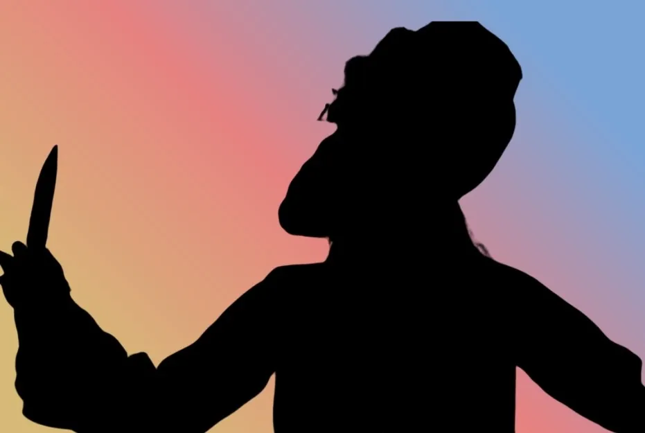 A silhouette of Captain Barbossa, holding a knife against a colorful background. Identify the silhouette.