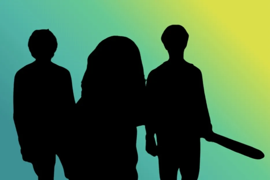 Three black silhouettes against a green and yellow gradient background, representing Hermione, Ron, and Harry.