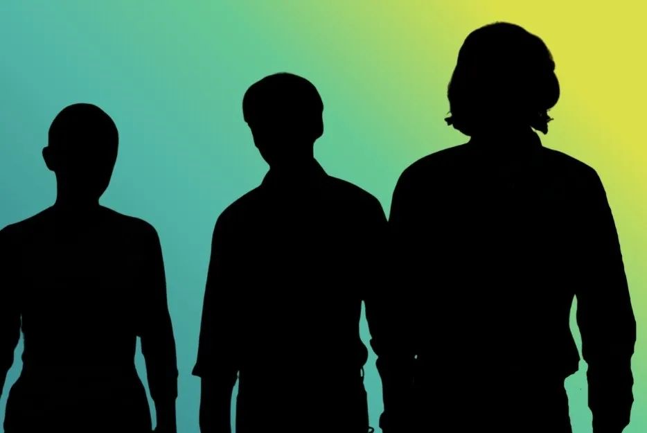 Silhouettes of Hermione, Ron, and Harry from the Harry Potter franchise against a green and yellow gradient background.