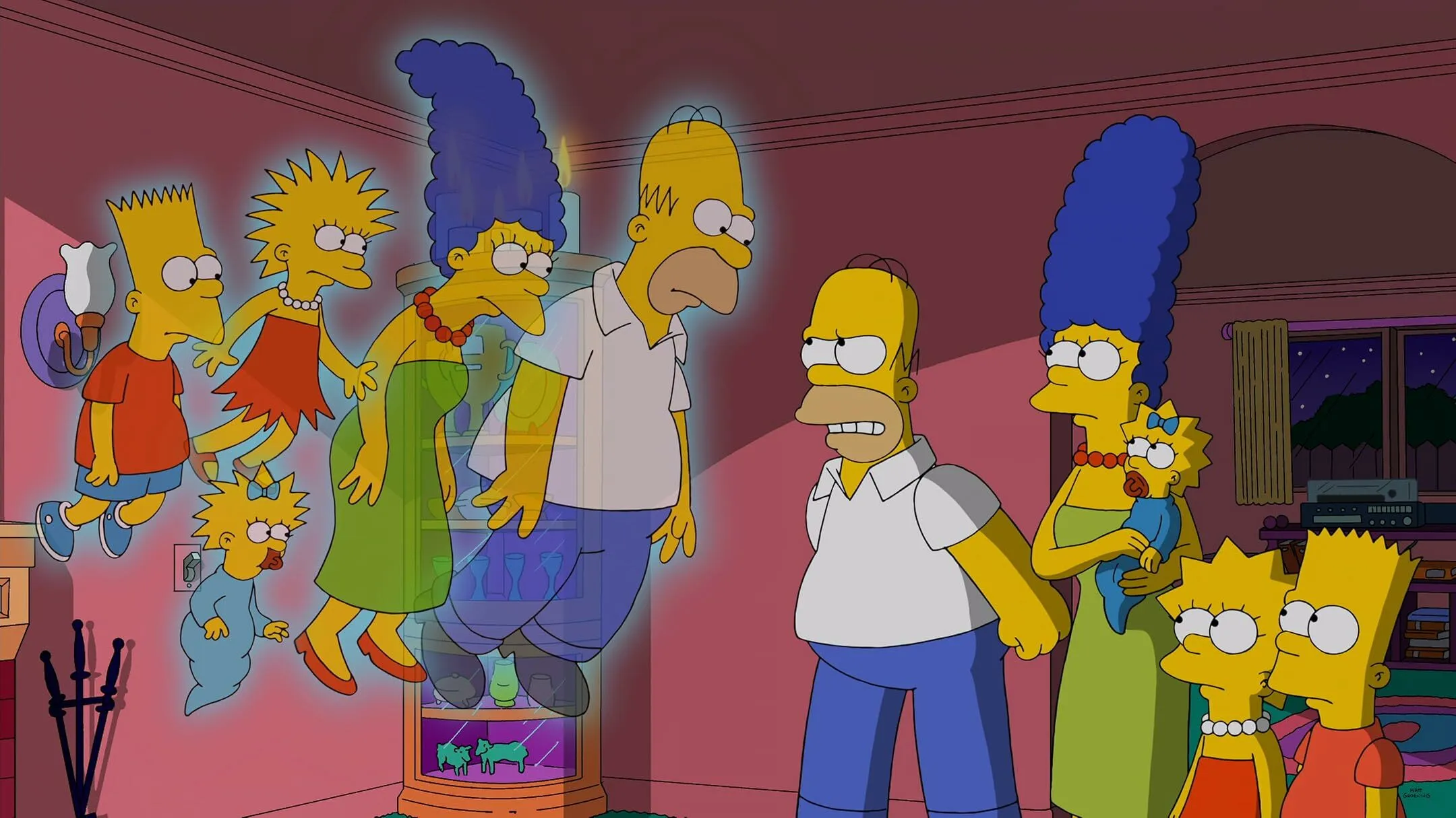 The Simpsons Real or Fake Trivia: The animated family and their translucent ghosts in a pink room. Homer looks angry.