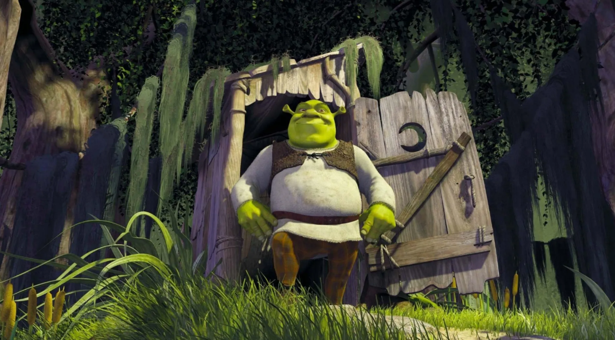 Shrek emerging from an outhouse in his swamp. Real or Fake Trivia: Shrek on Hollywood Walk of Fame.
