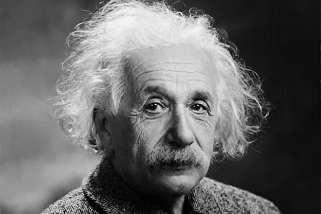 Black and white close-up of Albert Einstein, with wild white hair and a distinctive mustache, looking forward.