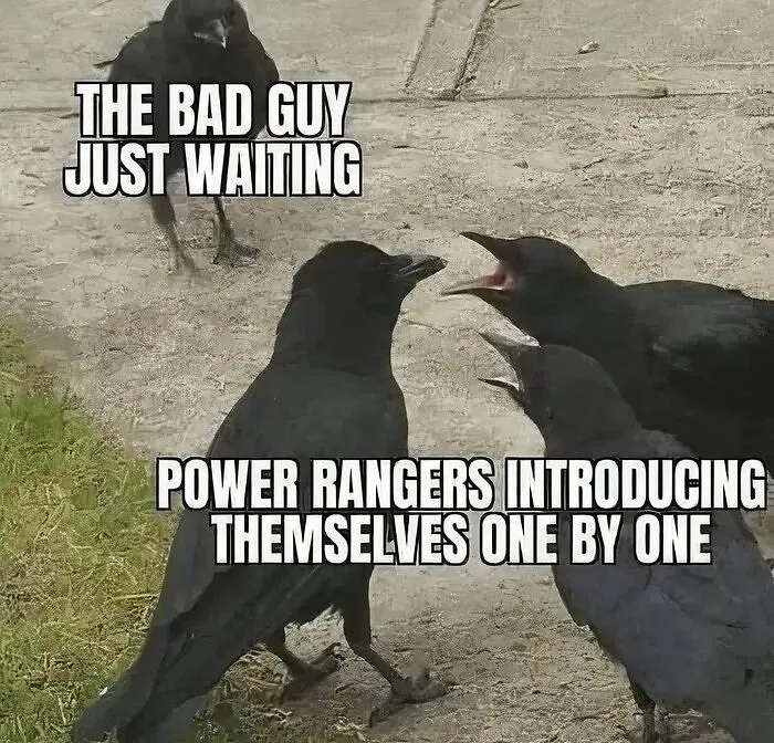 Crow meme about bad guy and Power Rangers introducing themselves