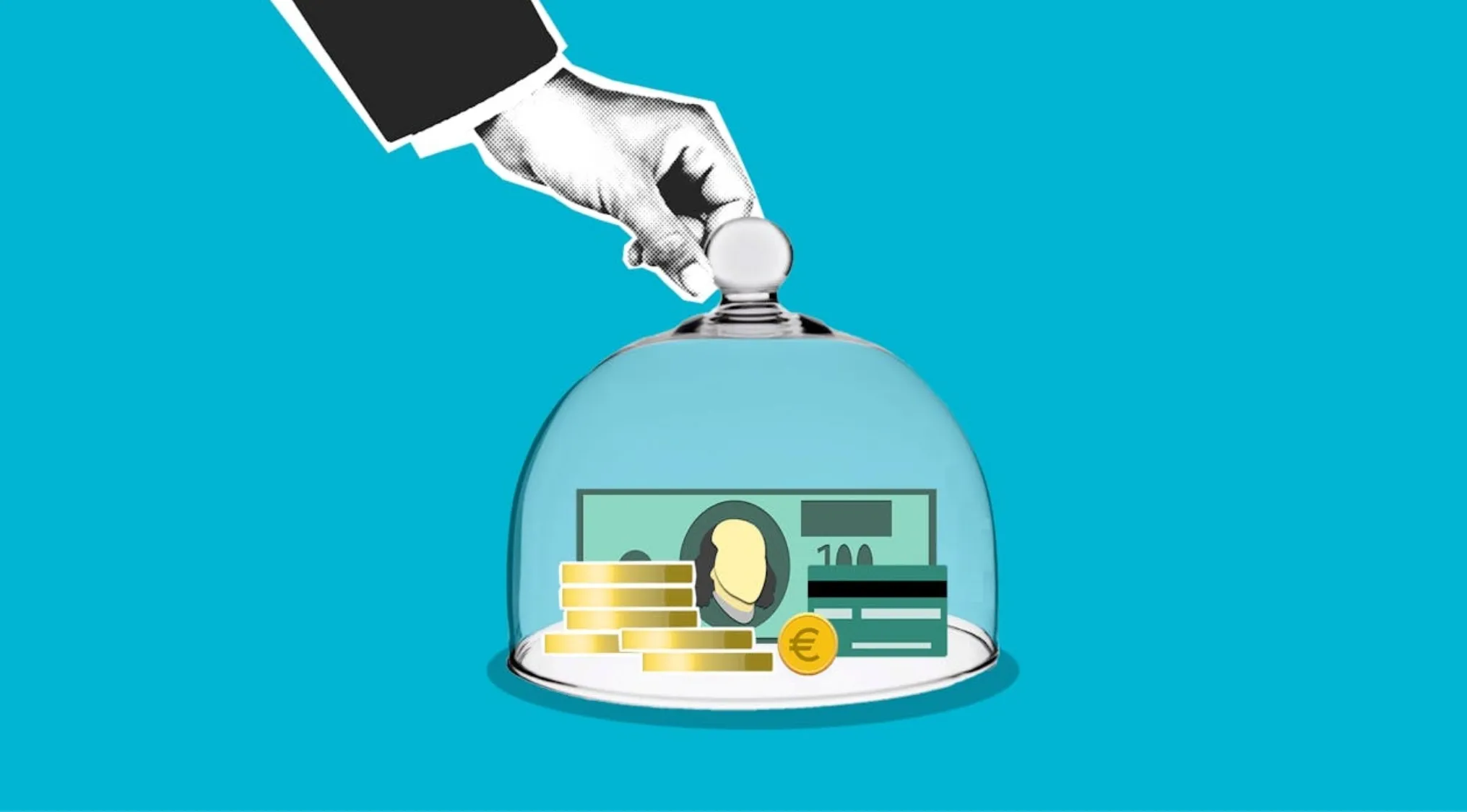 Hand lifting a cloche revealing money, coins, and a credit card, symbolizing an emergency fund for families.