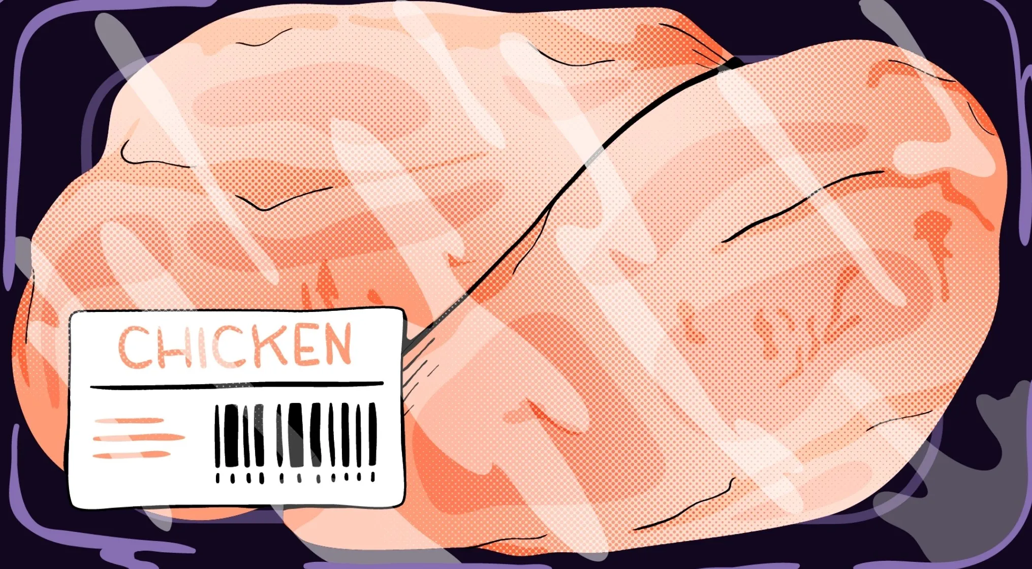 Illustration of packaged chicken breasts, showing the label with CHICKEN and a barcode, representing how to defrost chicken safely.