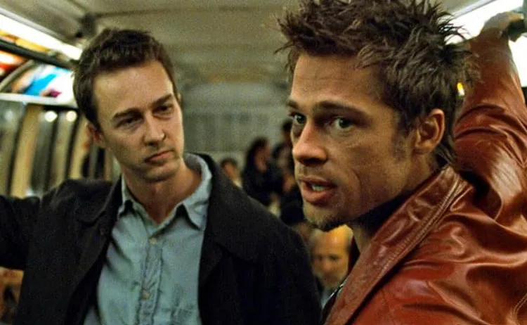 Edward Norton and Brad Pitt from Fight Club on a subway. Pick a film to watch tonight.