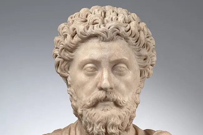 A marble bust of Marcus Aurelius with curly hair and a beard, looking directly forward against a gray background.