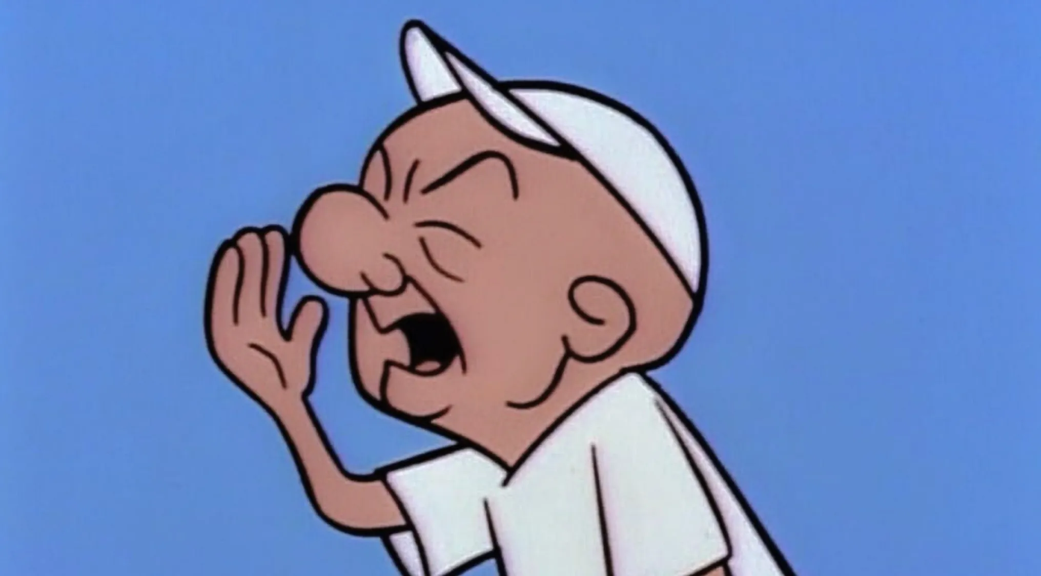 Animated character with a big nose, a white cap, and a white shirt, yelling. Words Ending In Double-O Trivia.