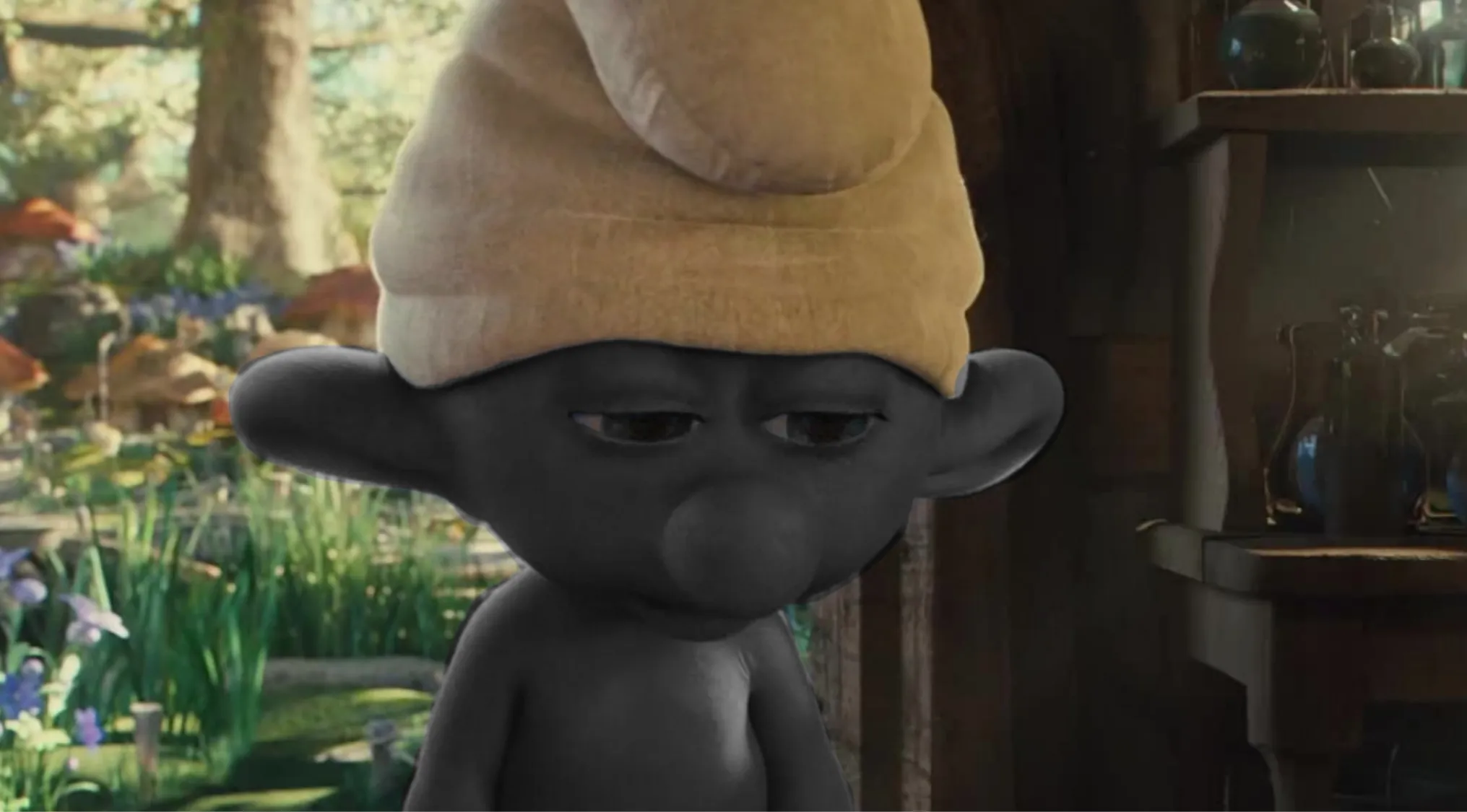 An image showing a sad grey Smurf