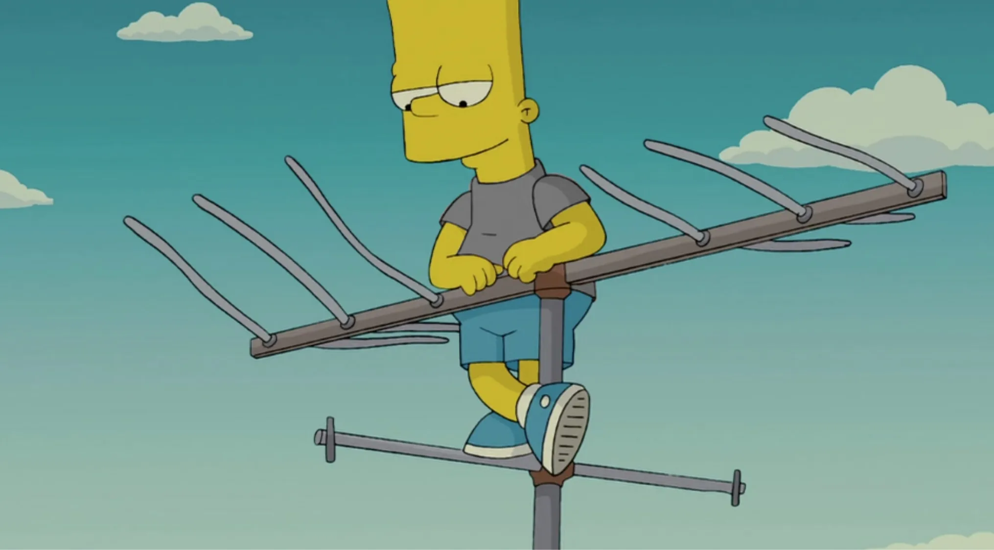 Bart Simpson standing on an antenna, wearing a gray shirt and blue shorts. Pop culture colors.