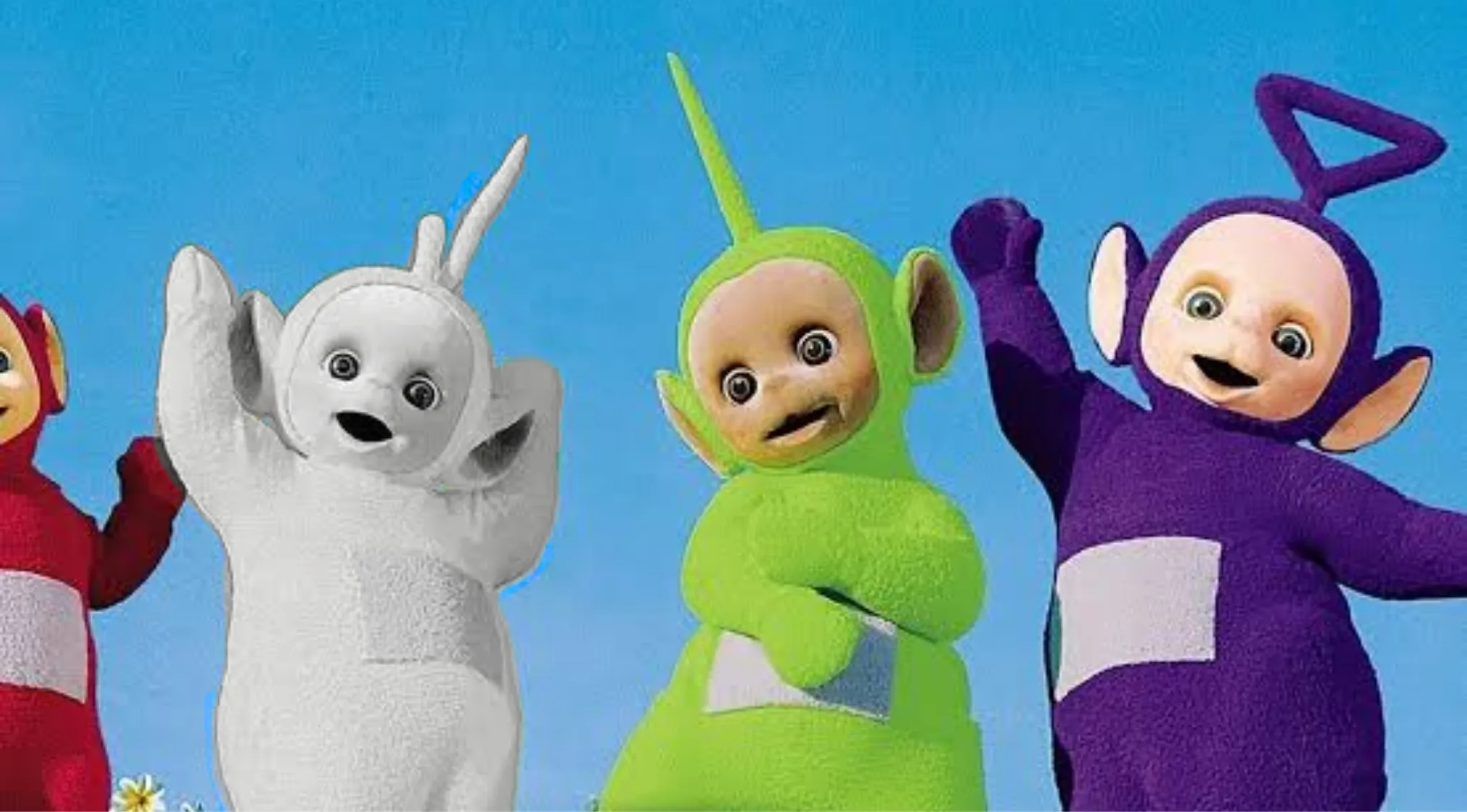 An image showing four Teletubbies, one is greyed out