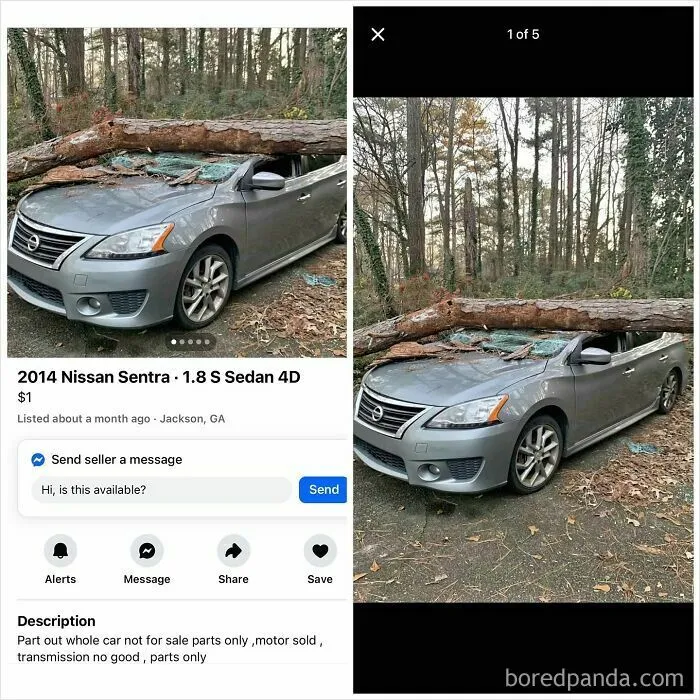 Gray 2014 Nissan Sentra with large tree fallen on top for parts on Facebook Marketplace
