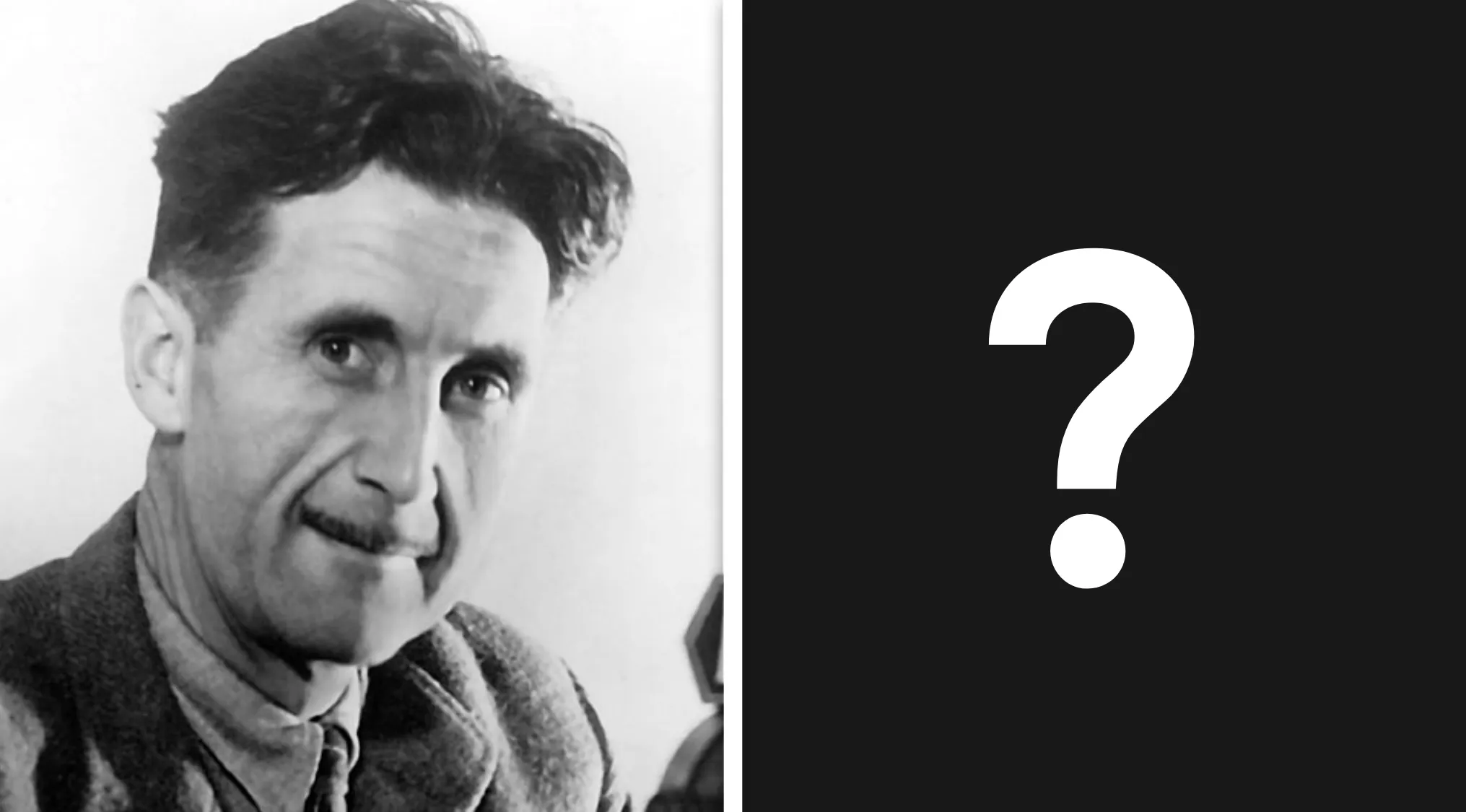 A black and white photo of George Orwell next to a black panel with a white question mark, relating to the $12,000 question.