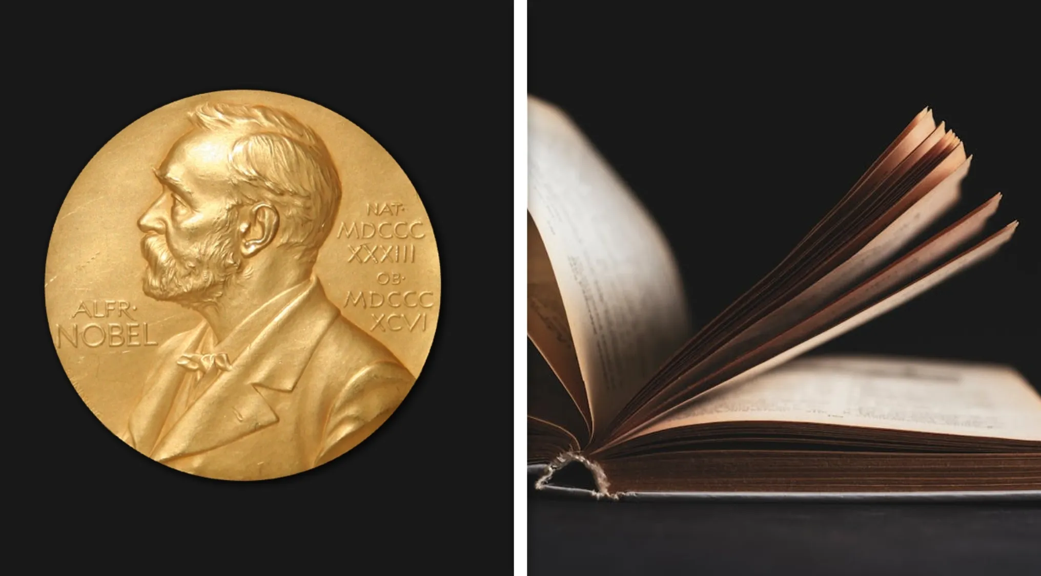 Nobel Prize in literature medal and an open book. This relates to Who Wants To Be A Millionaire? questions.