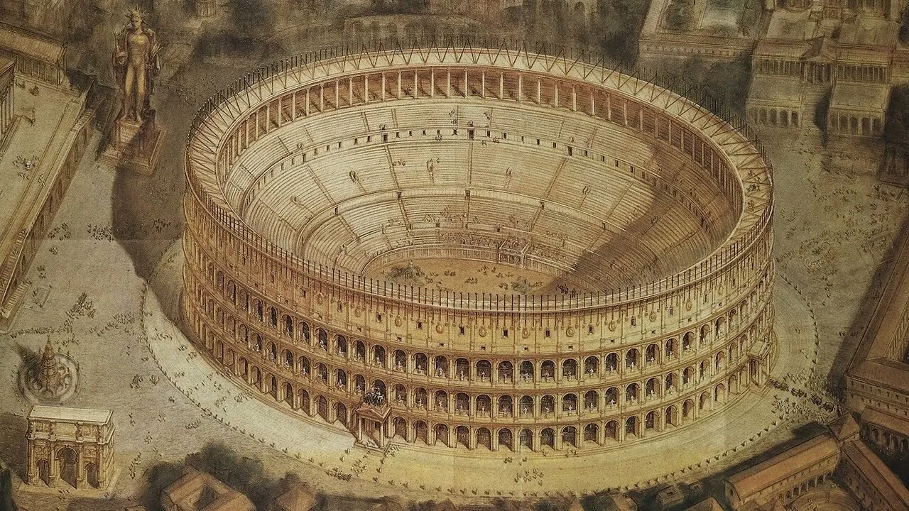 An artistic rendering of the Colosseum, answering the question: Which Roman emperor ordered the construction of the Colosseum?