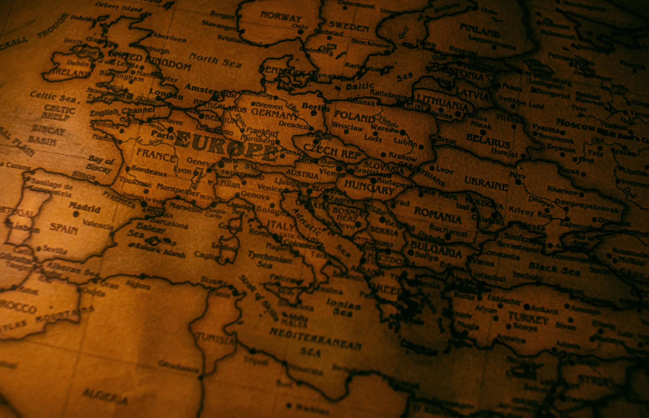 A vintage map of Europe, highlighting countries related to European Economic Community questions from Who Wants To Be A Millionaire.