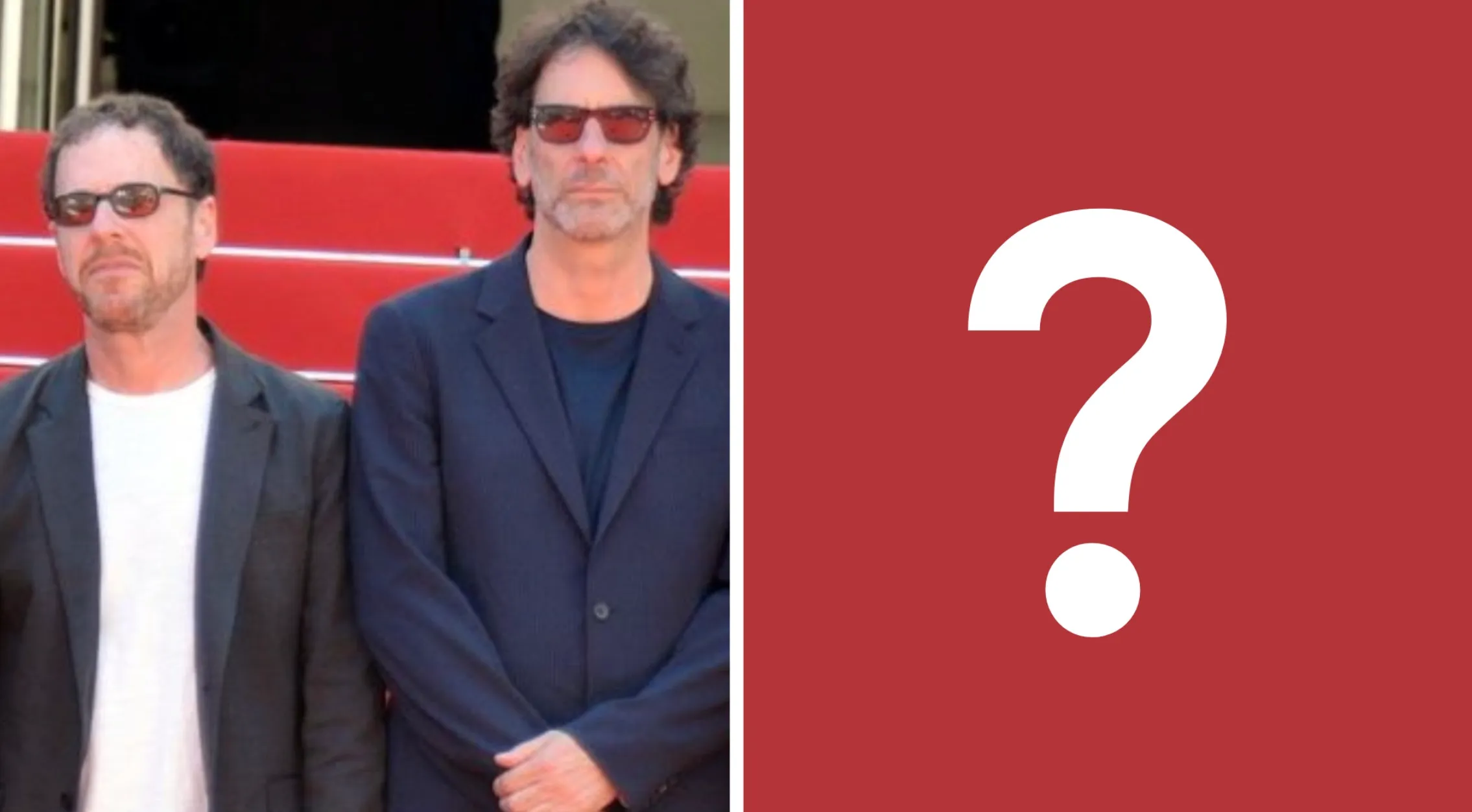 The Coen Brothers, Joel and Ethan, on a red carpet, with a large question mark on a red background.