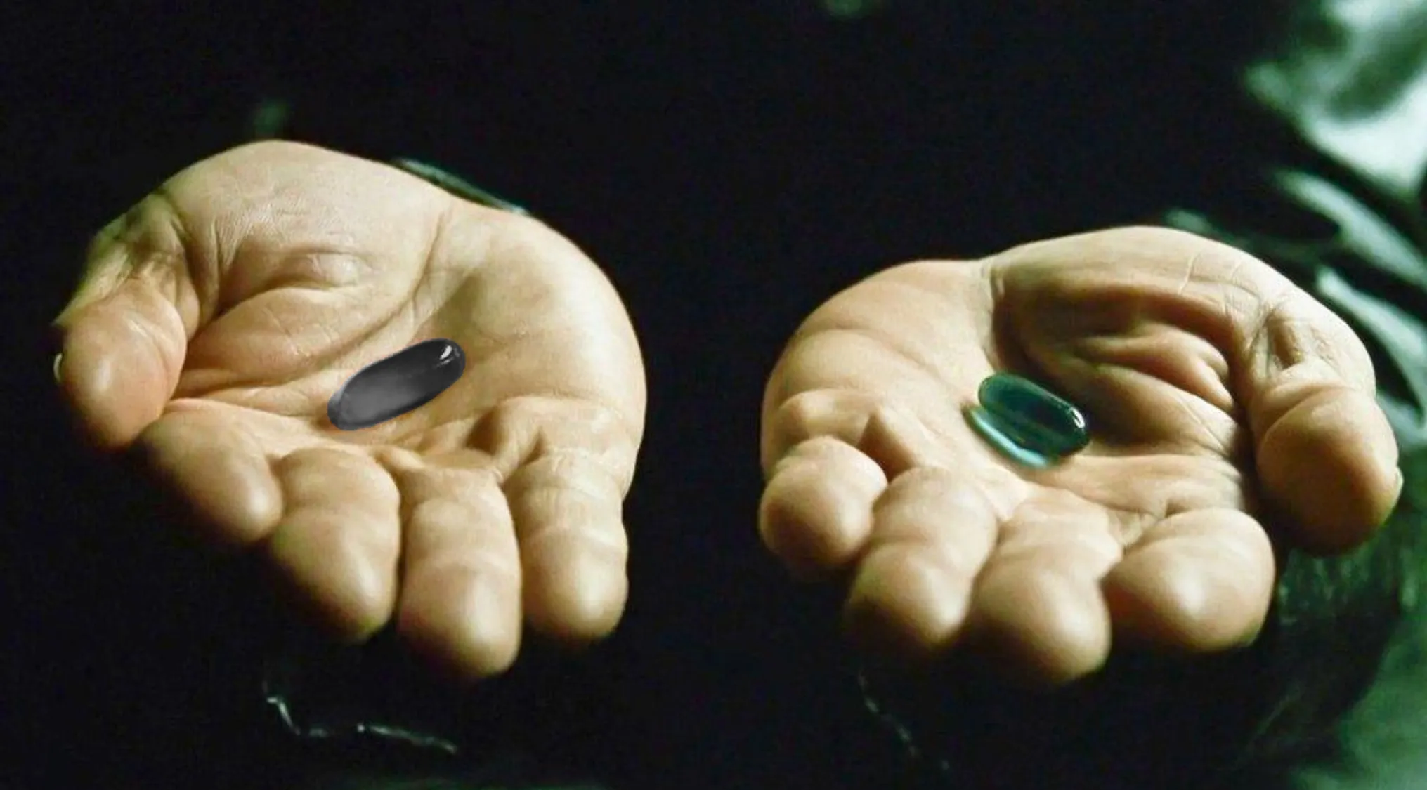 An image showing two choices, a red and grey pill