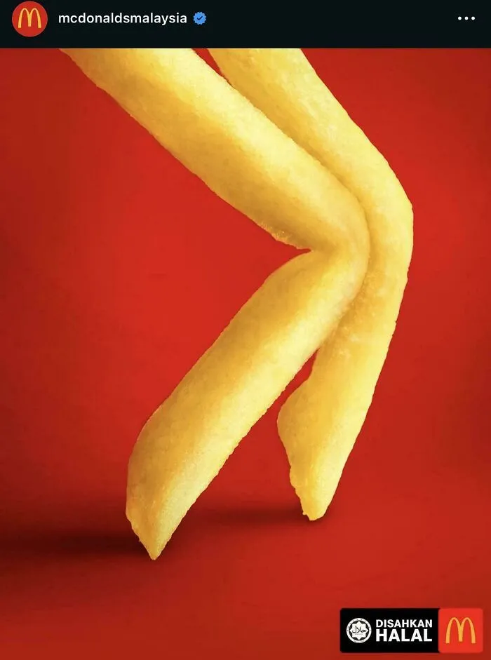 Minimalist McDonald’s fries shaped like crossed legs on red background with halal certification