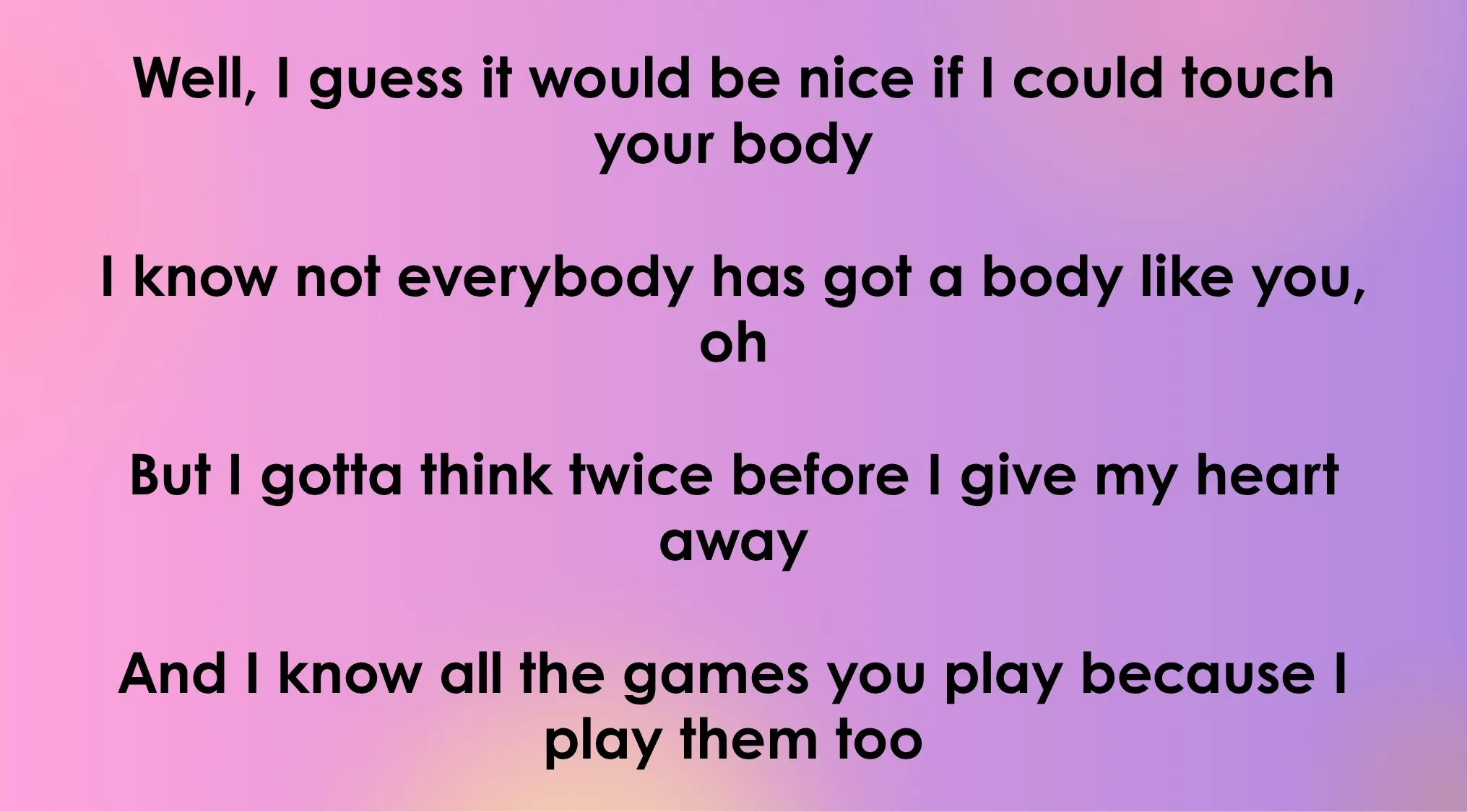 Black text displaying opening lyrics of 80s-90s songs on a pink and purple gradient background.