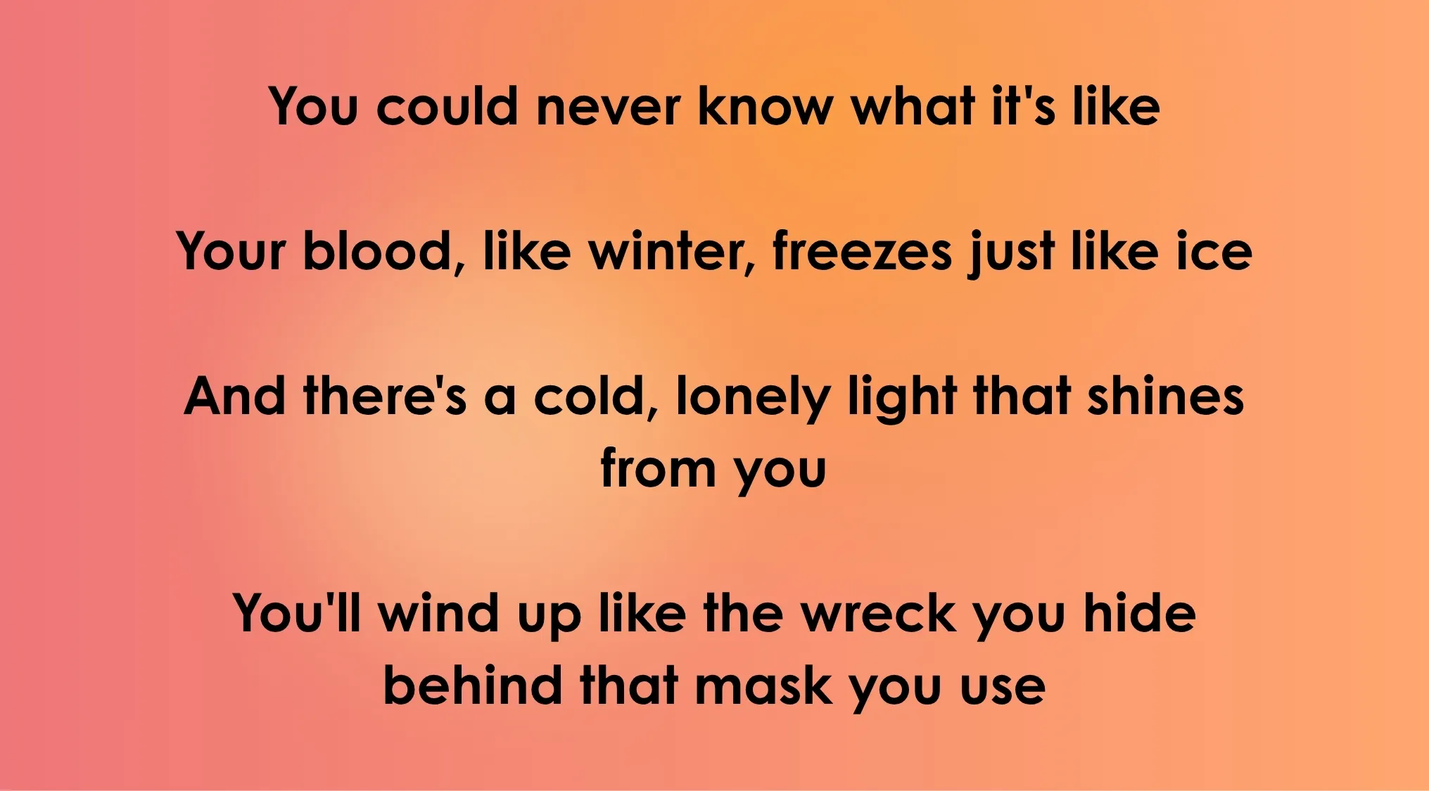 Black text on an orange-pink gradient background, showing opening lyrics of 80s-90s songs. Which Elton John song?