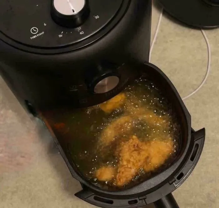 Air fryer filled with liquid and chicken, showing questionable food combos