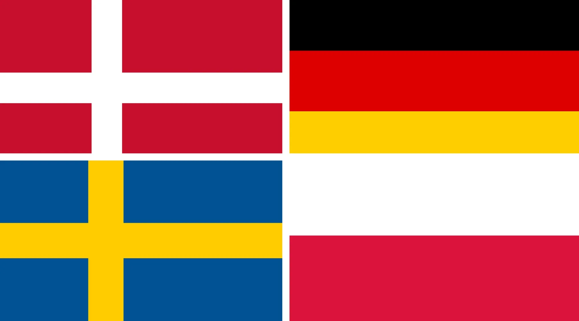 Flags of Denmark, Germany, Sweden, and Poland, representing geography connections between these nations.