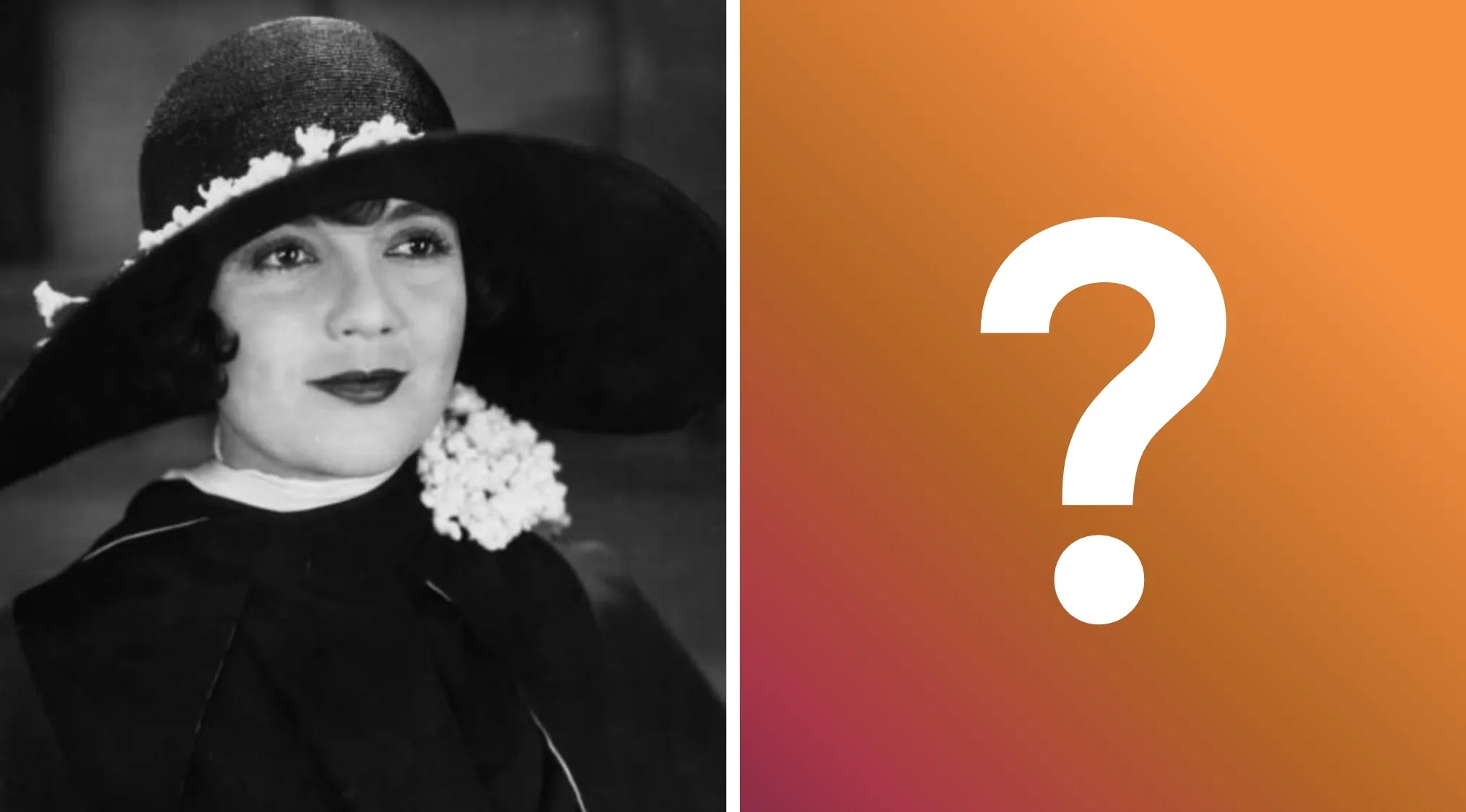 Black and white image of a woman in a wide-brimmed hat with white flowers, next to a question mark on an orange background, related to General Literature Trivia about Daisy Buchanan.