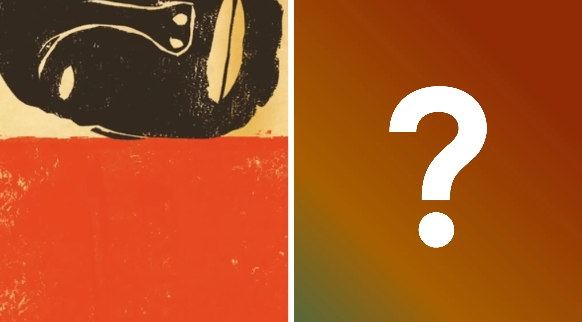 An abstract split image: left, a dark figure on red; right, a white question mark on a brown gradient. General Literature Trivia: Things Fall Apart author question.