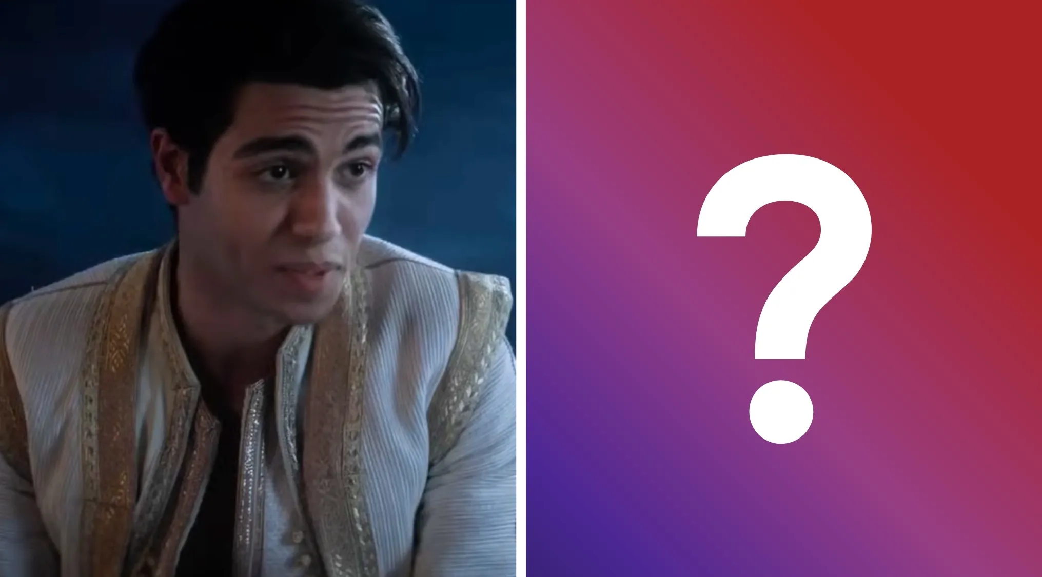 Mena Massoud as Aladdin on the left, looking intently, beside a purple and red background with a large white question mark, for literature trivia.