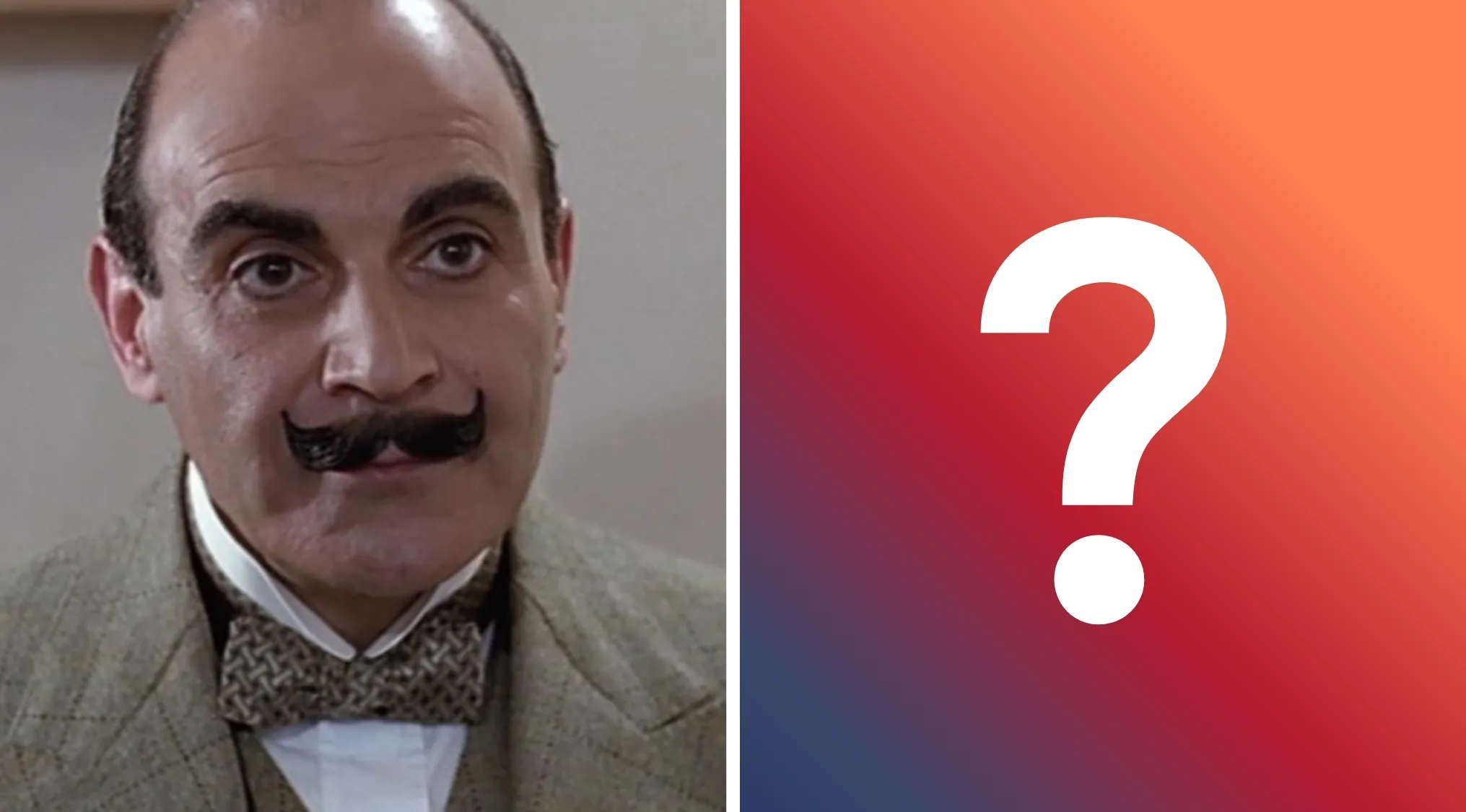 Hercule Poirot on the left, looking directly at the viewer, beside a question mark on a gradient background for literature trivia.