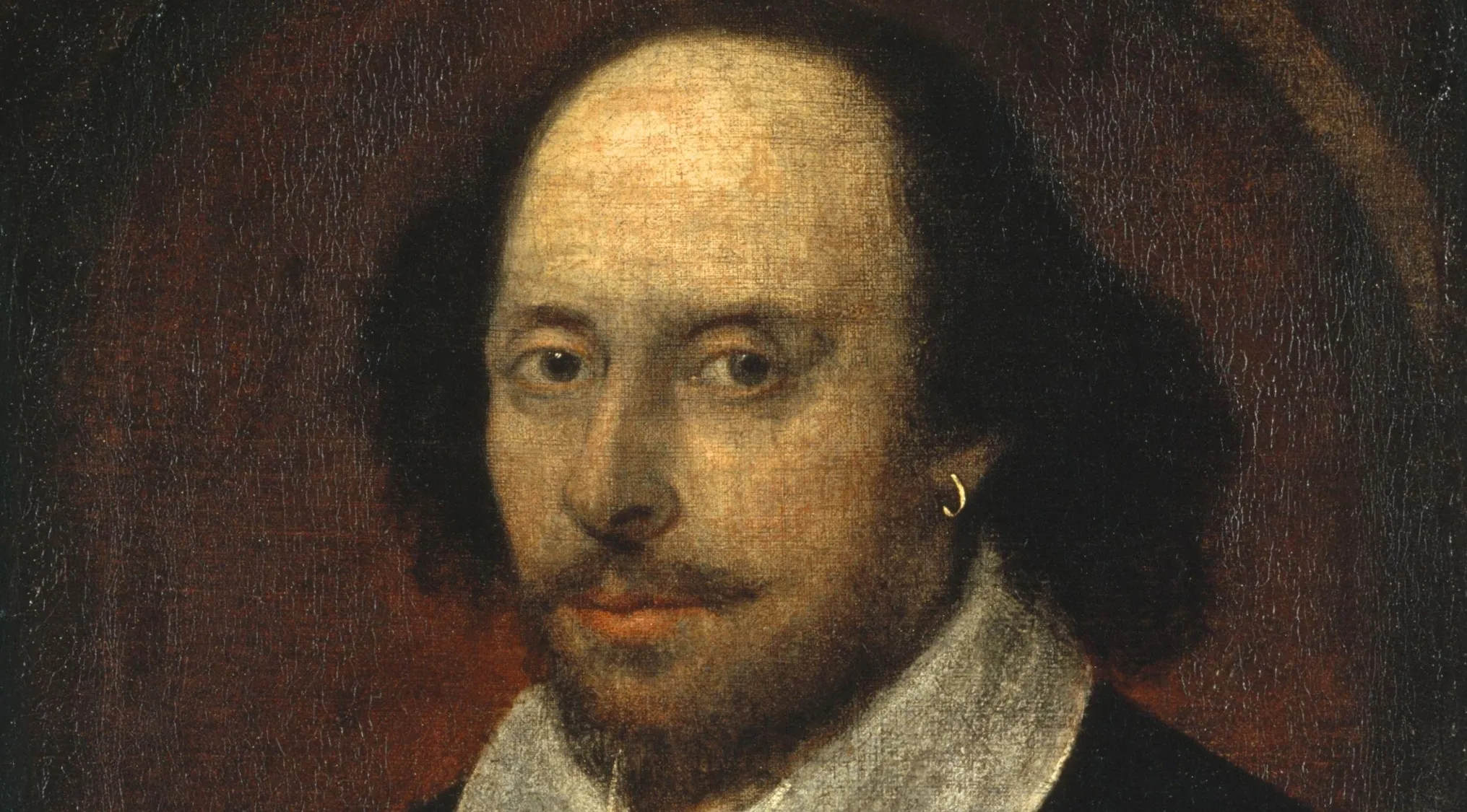 A historical painting of William Shakespeare, close-up portrait with an earring, for General Literature Trivia.
