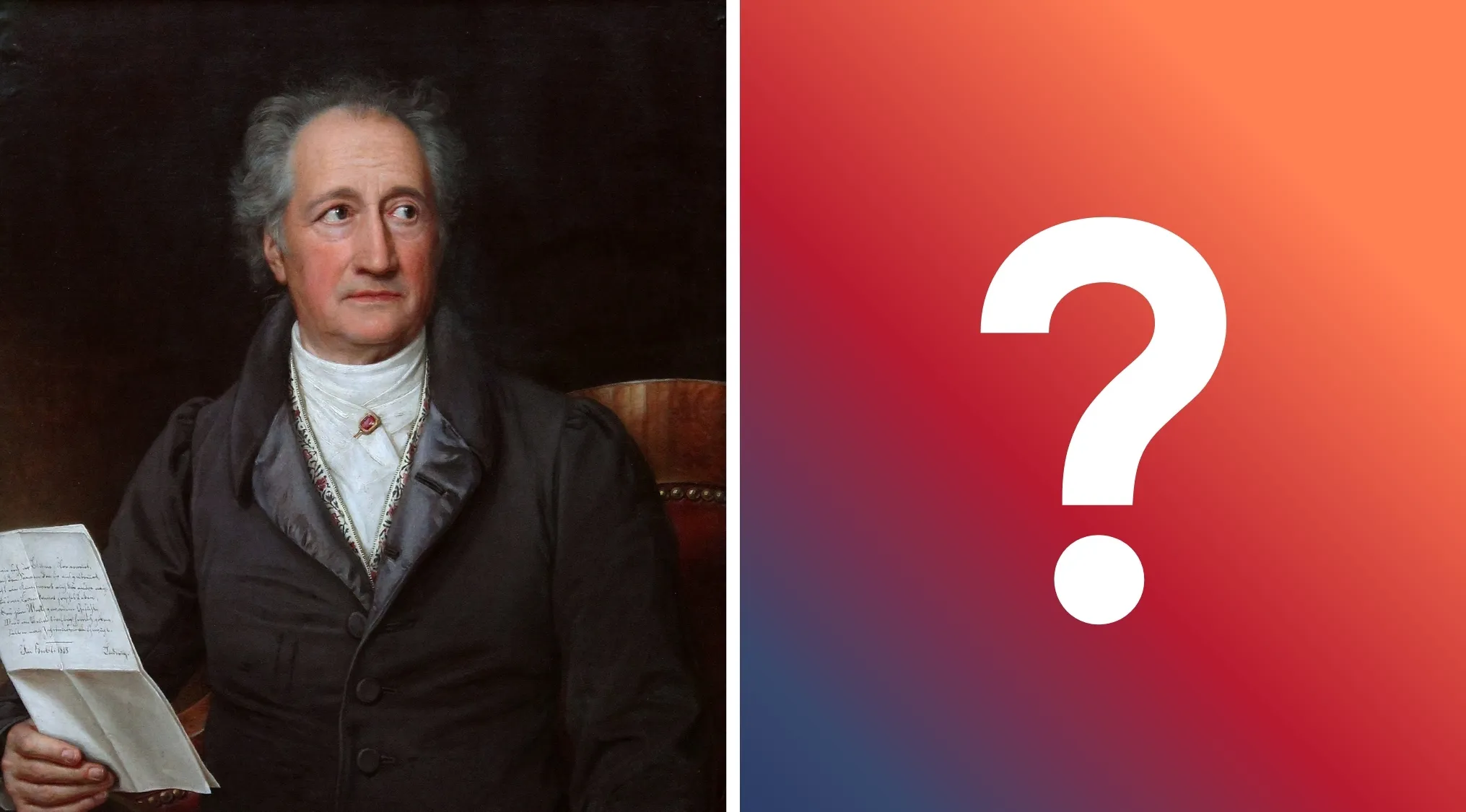 A painting of Goethe holding a letter next to a red-orange gradient background with a large white question mark. Literature Trivia.