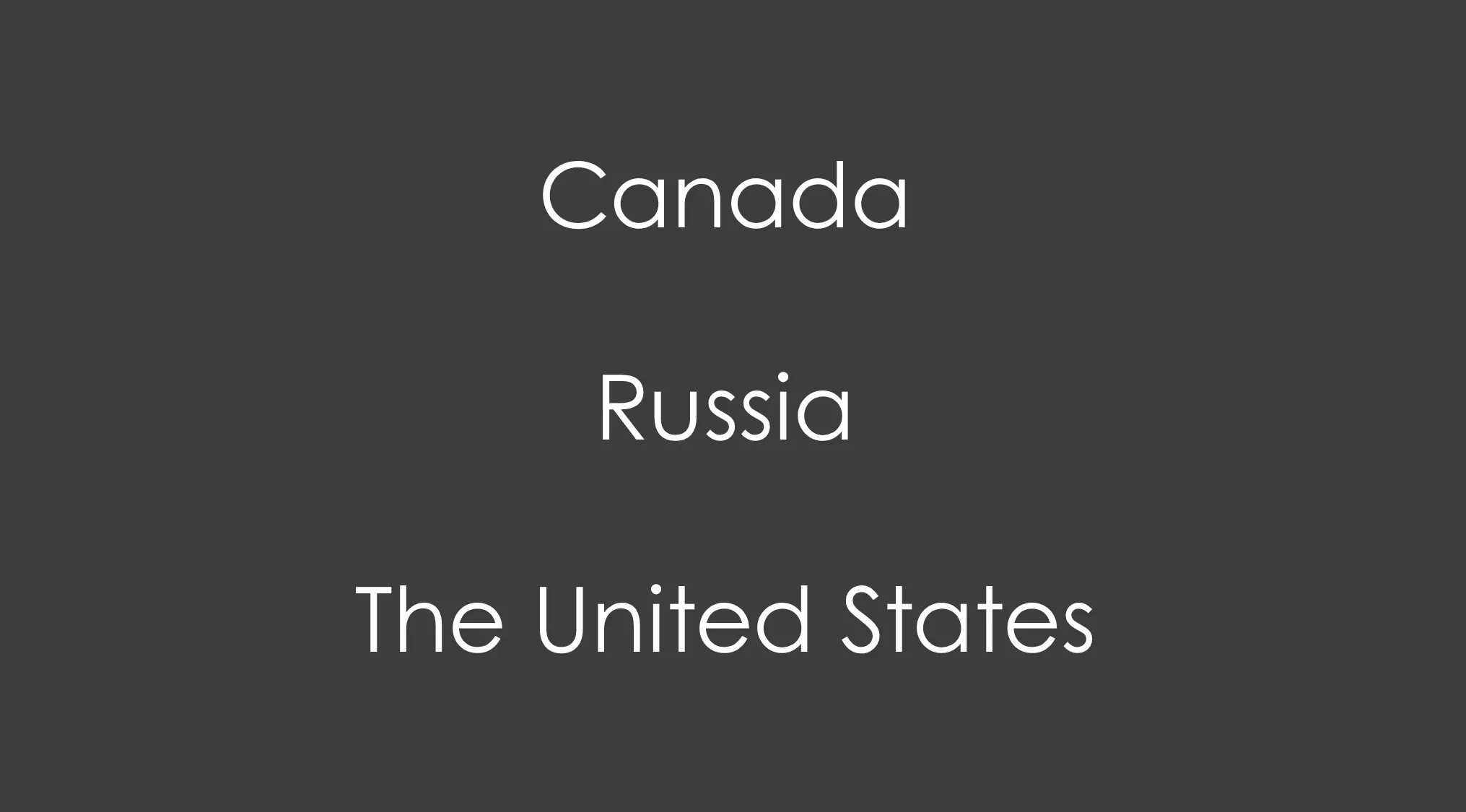 A Geography Connections Quiz with Canada, Russia, and the United States listed in white text on a dark gray background.