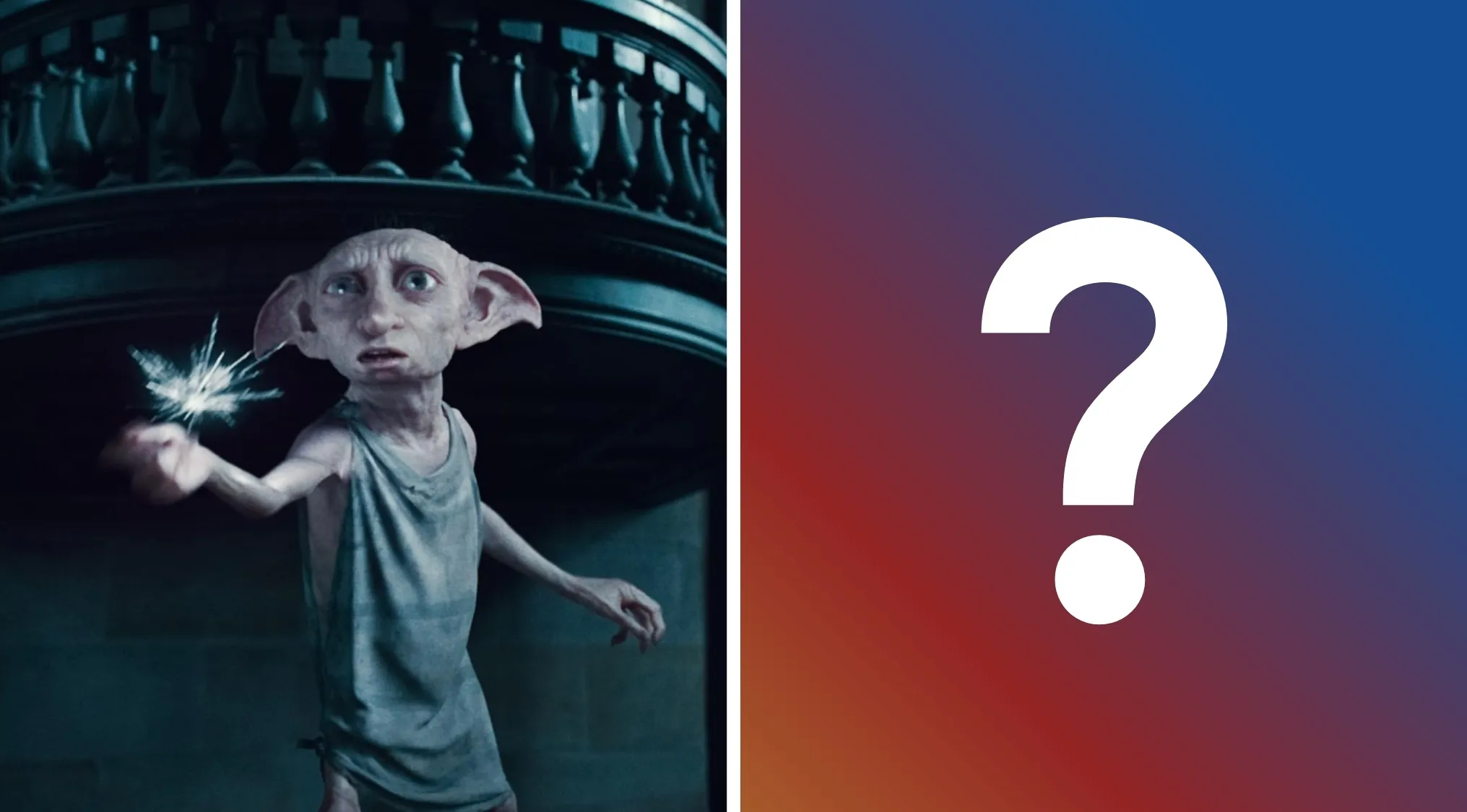 Harry Potter house elf Dobby holding magic, next to a large question mark. General literature trivia.