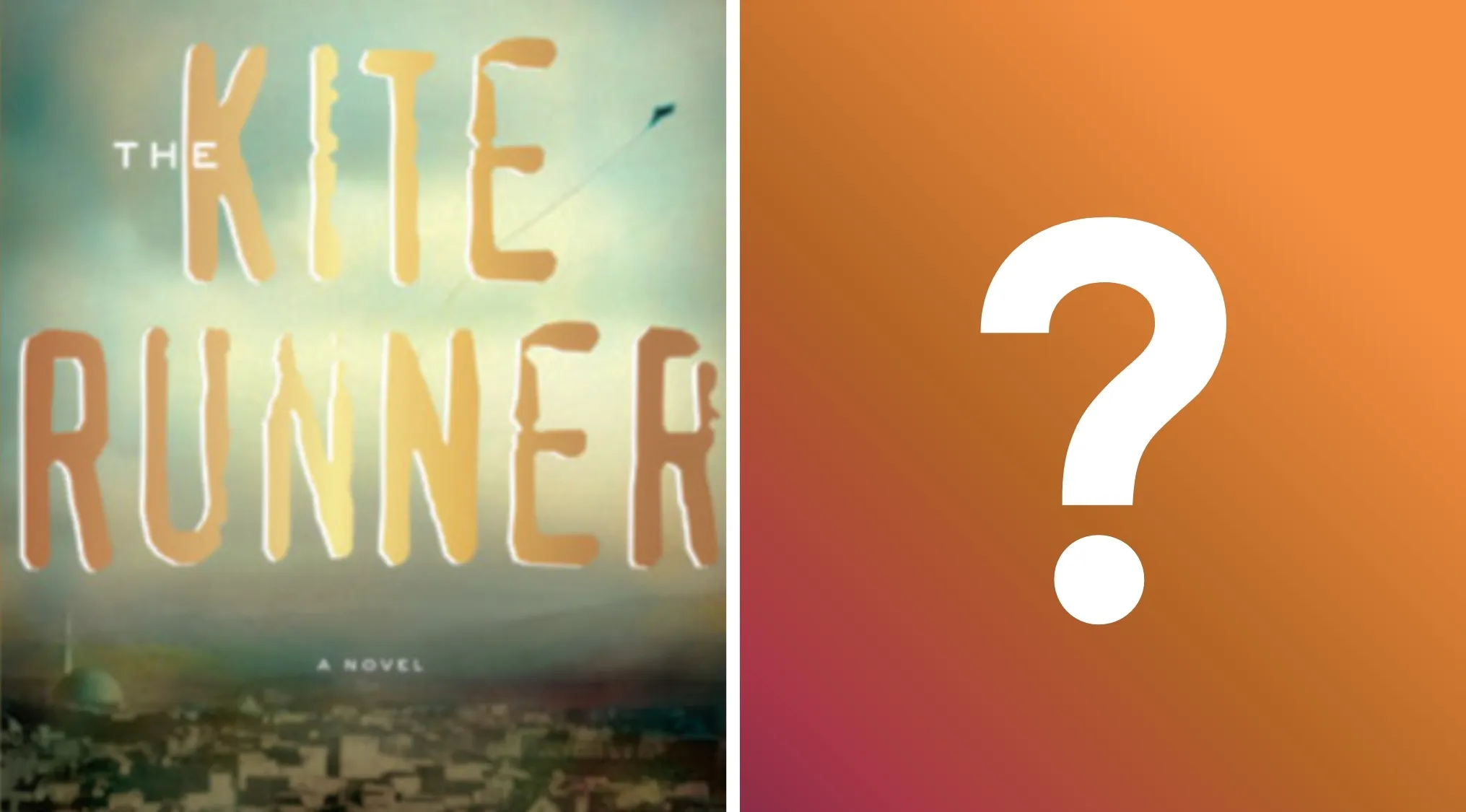 Book cover for The Kite Runner next to a large white question mark on an orange background, asking who wrote this general literature trivia.