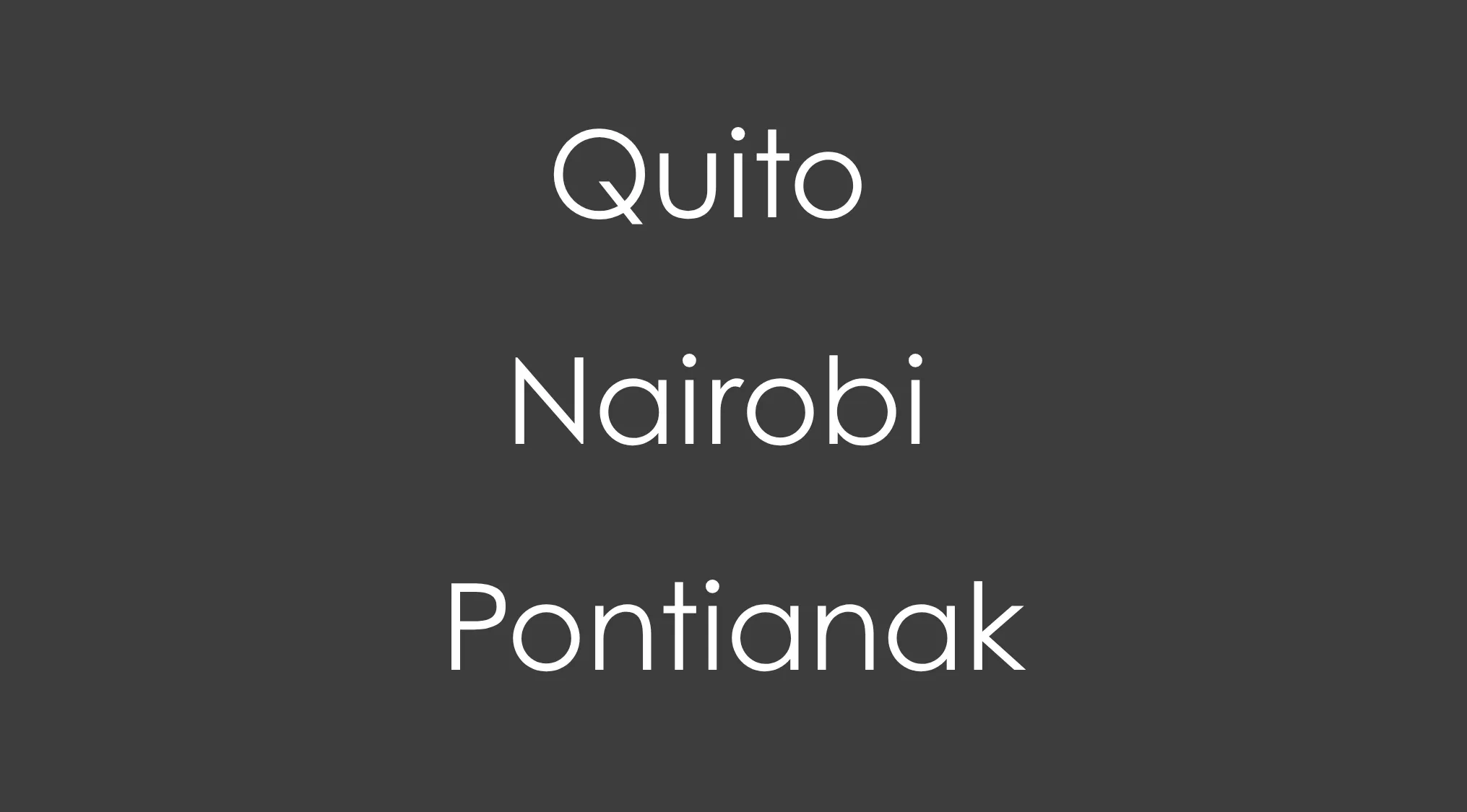 White text on a dark gray background lists three cities: Quito, Nairobi, Pontianak. Geography connections quiz related to cities.