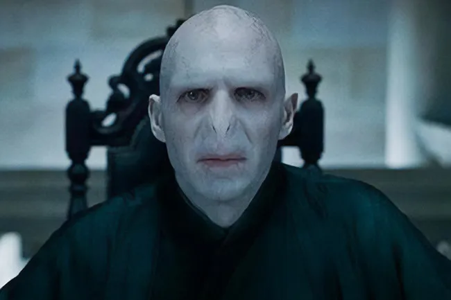 A close-up of Voldemort, a pale, bald figure with a flat nose, wearing dark robes and staring intensely.